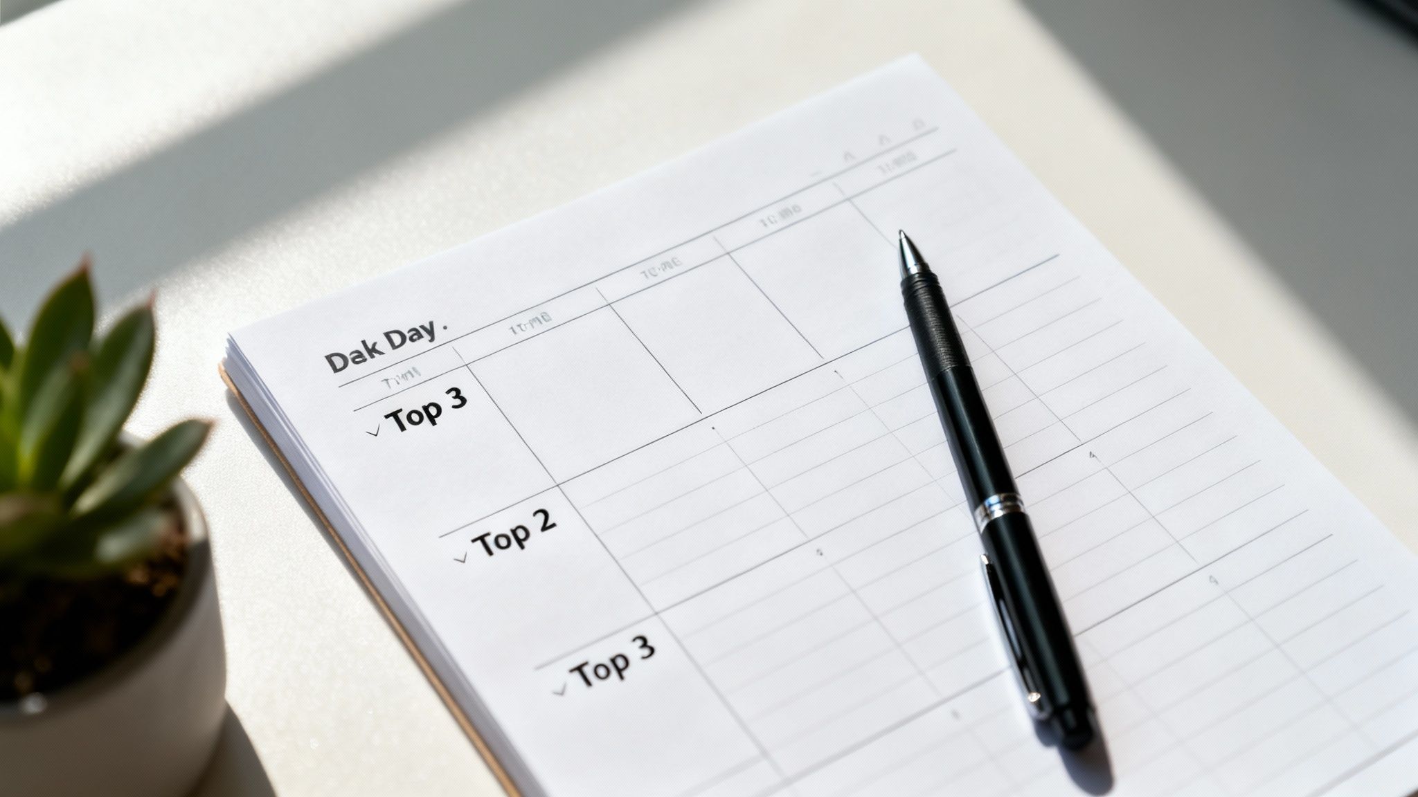 A close-up of a 'Dak Day' planner with 'Top 3' sections and a pen, next to a plant.