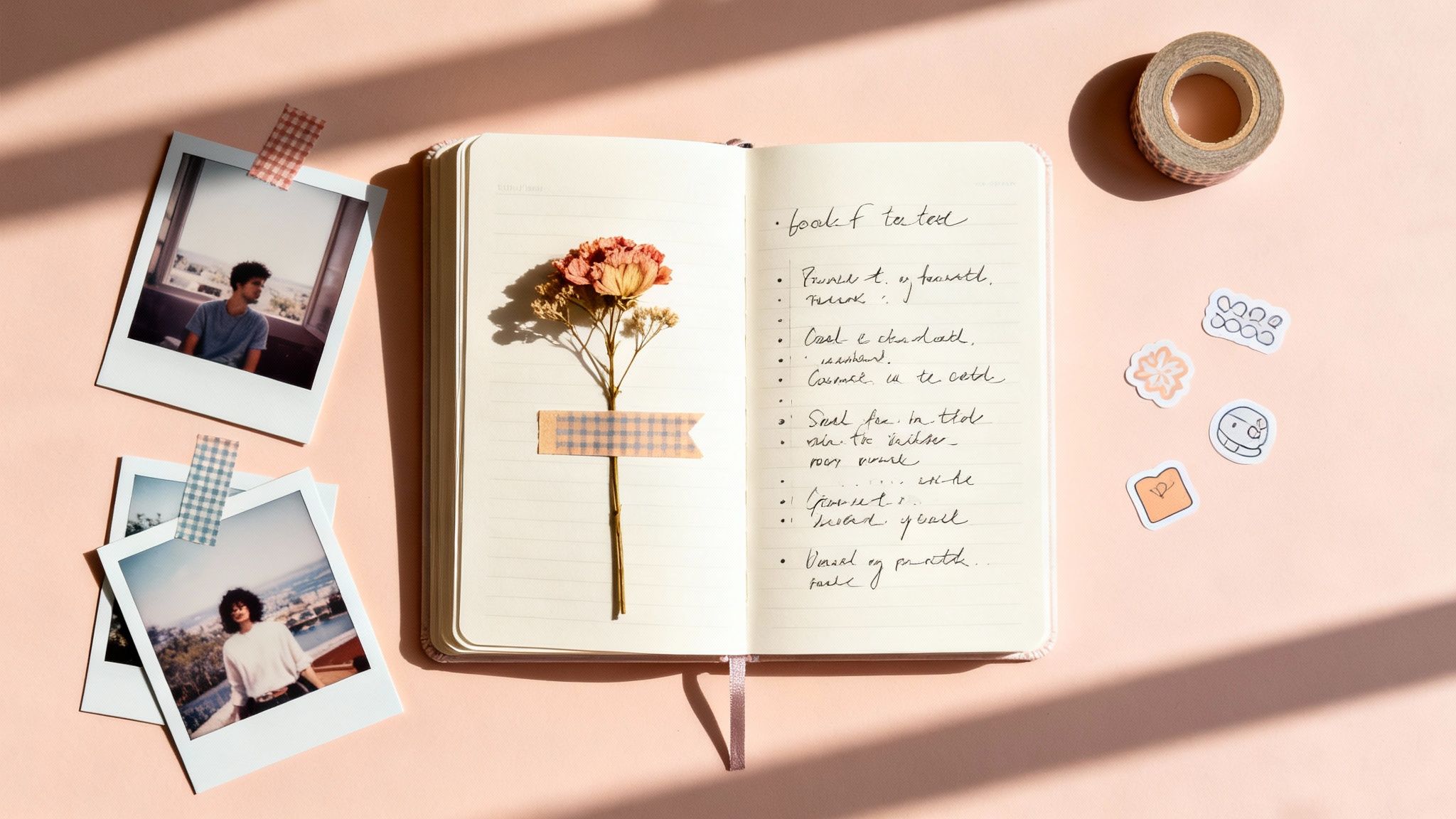 Aesthetic flat lay of a journal with dried flower, polaroid photos, washi tape, and stickers on a pink surface.