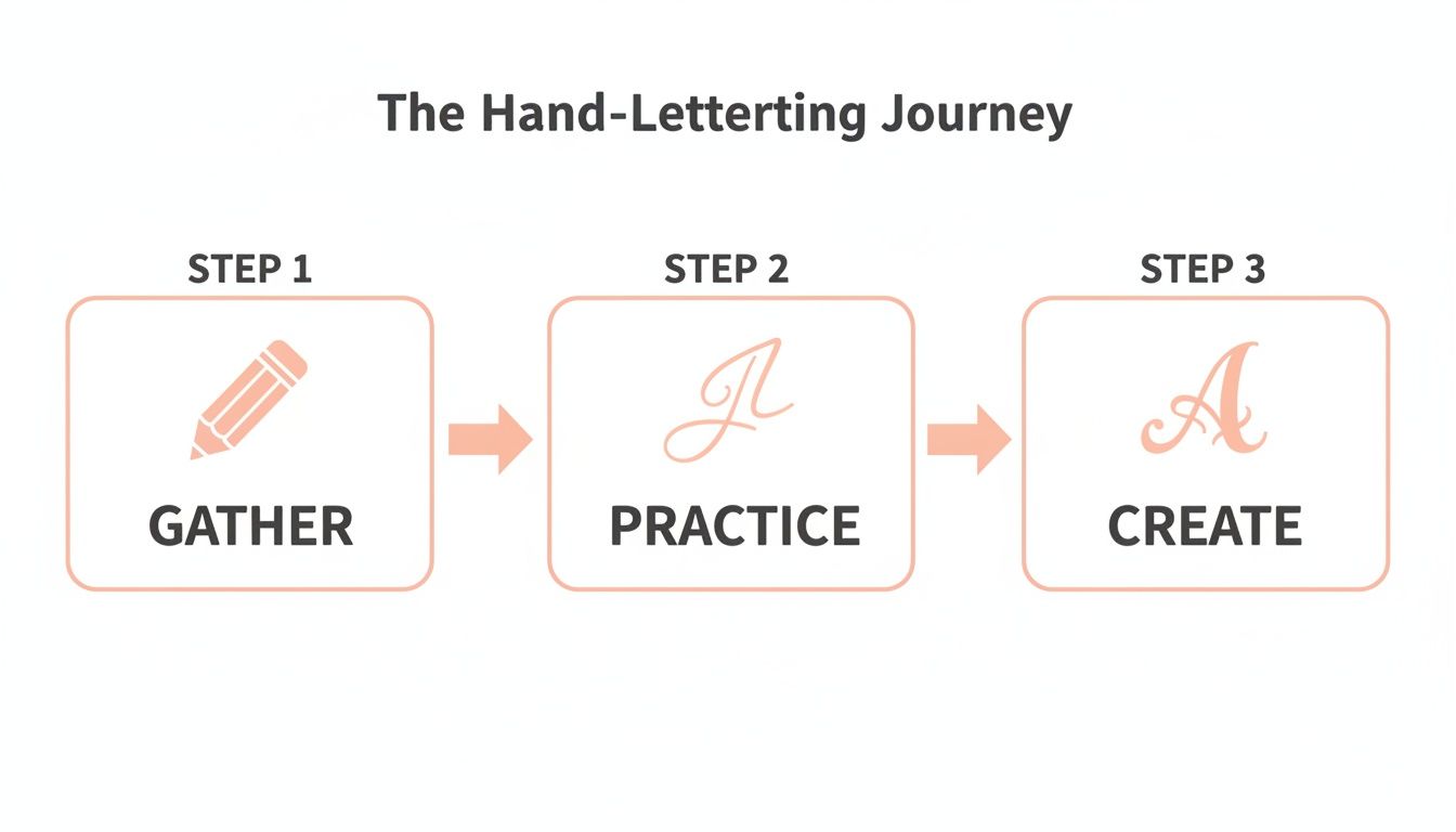 A visual guide illustrating the three steps of the hand-lettering journey: Gather, Practice, Create.