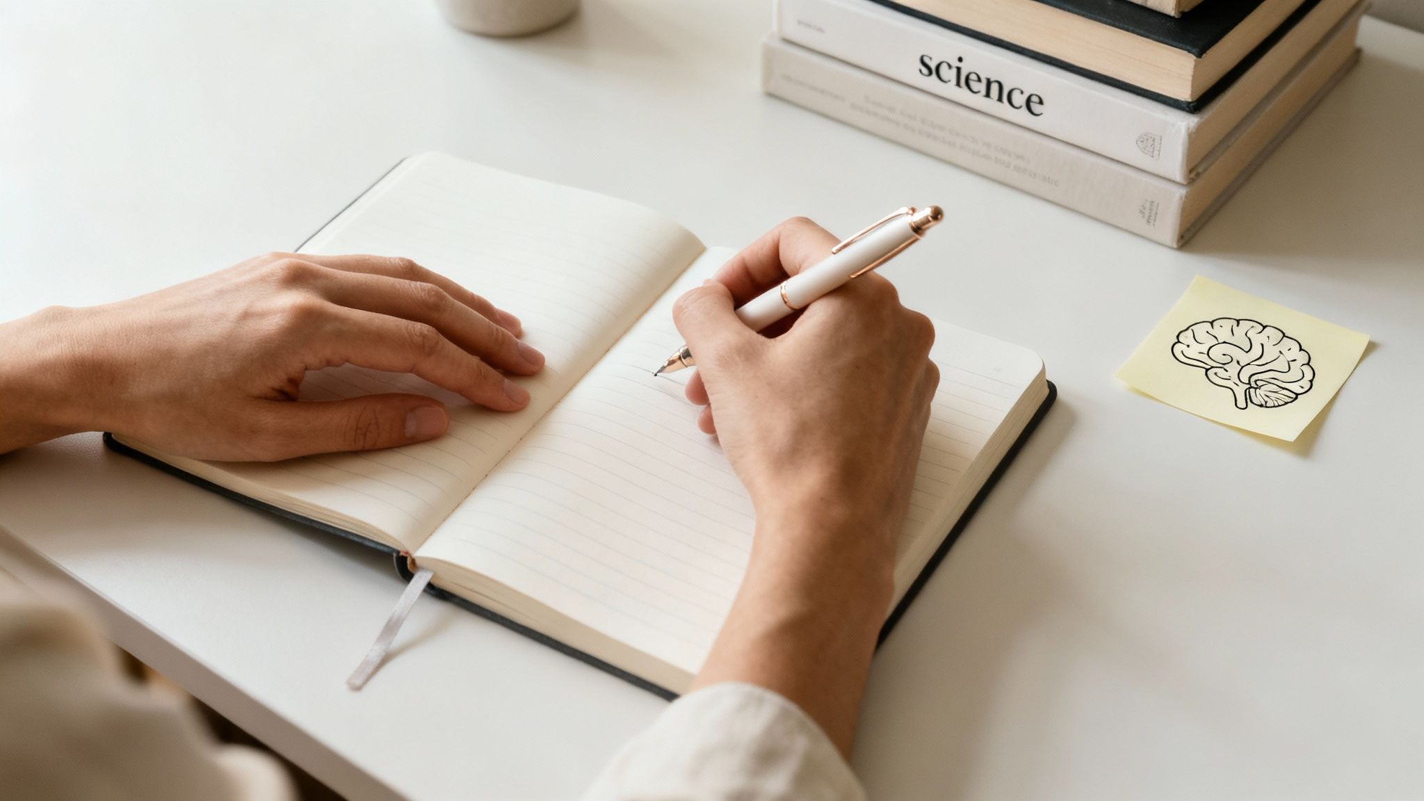 A person's hands writing in a journal with a pen, surrounded by books and a brain sticky note.