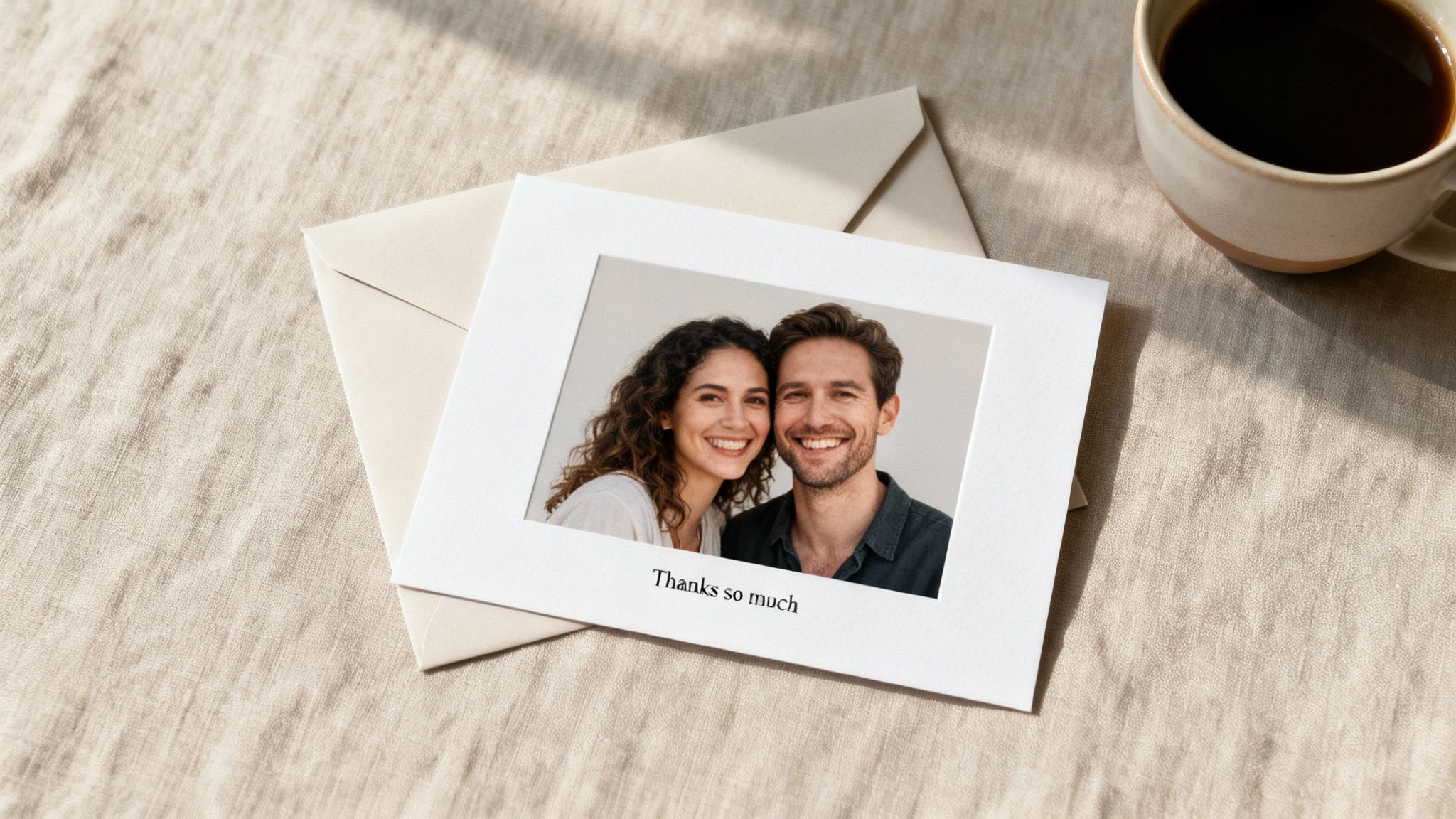 A personalized thank you card with a smiling couple's photo, 'Thanks so much' text, coffee, and envelope.
