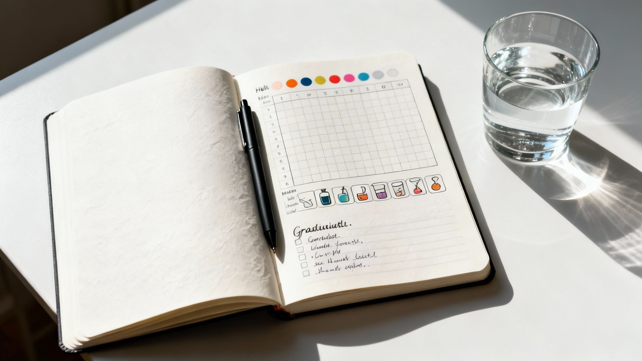 Open journal showing a habit tracker and gratitude list, with a pen and glass of water.