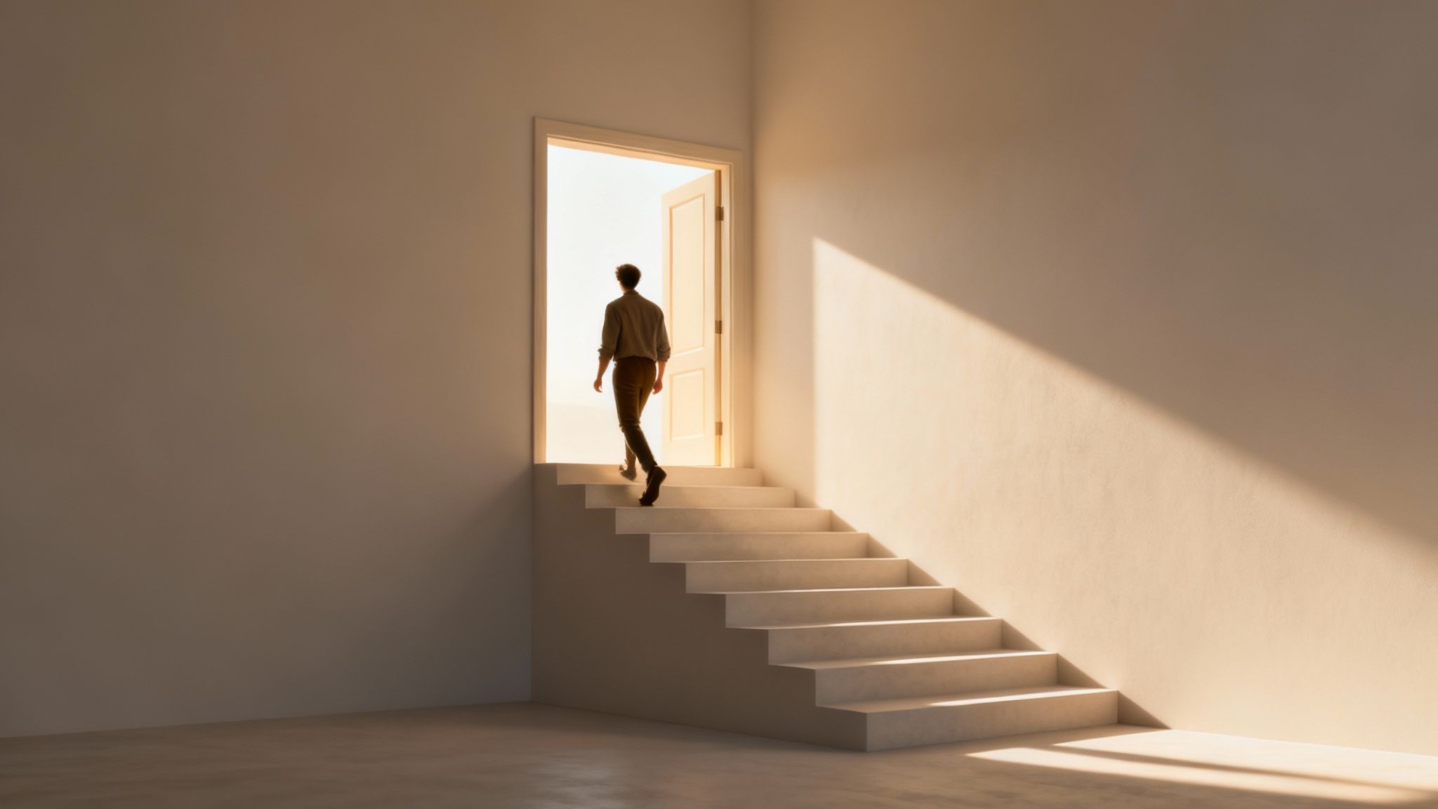 A person walks up stairs towards a bright, open door, symbolizing new opportunities and beginnings.