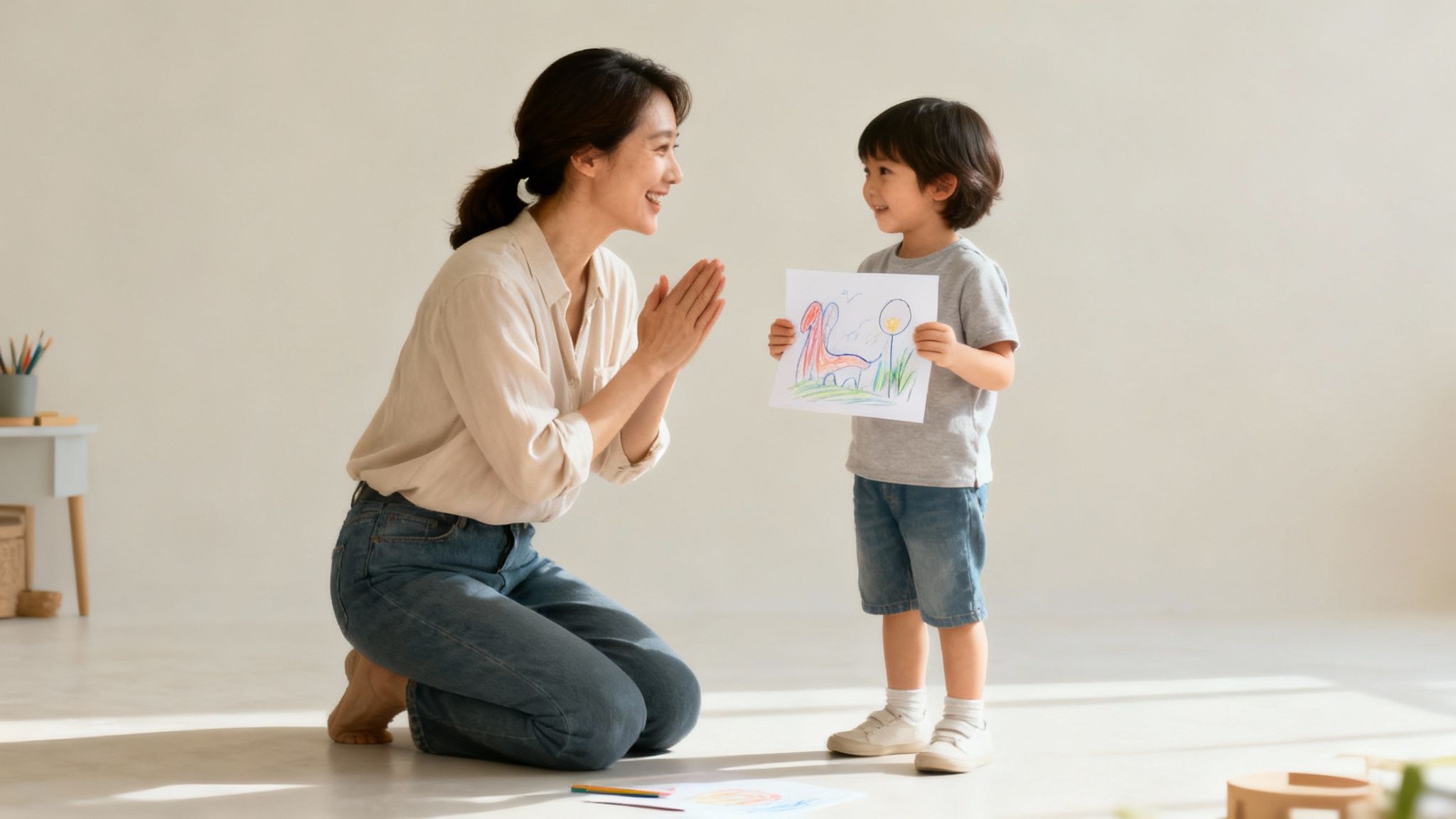 A happy mom claps for her son holding his drawing, celebrating his creativity.