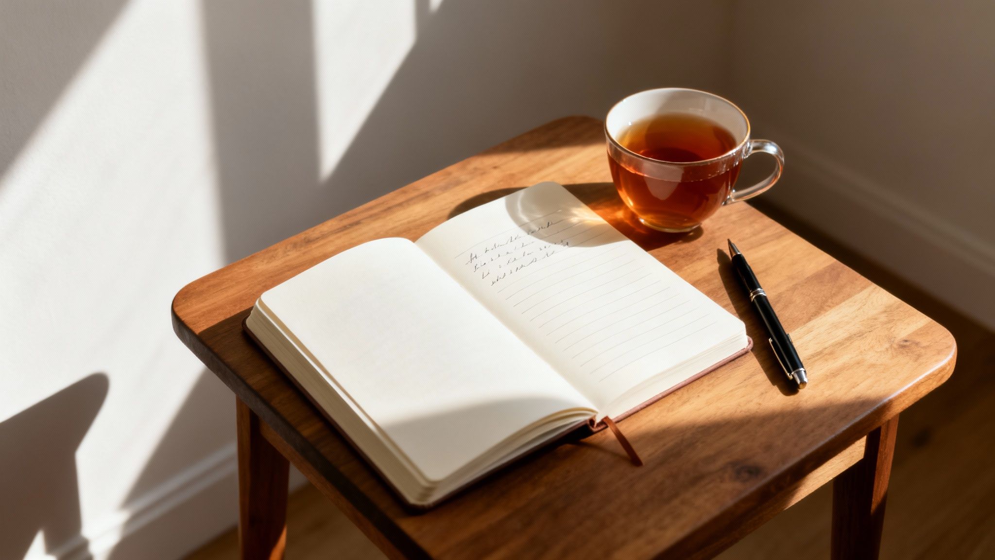An open notebook with a pen and a cup of tea on a wooden table, illuminated by sunlight.