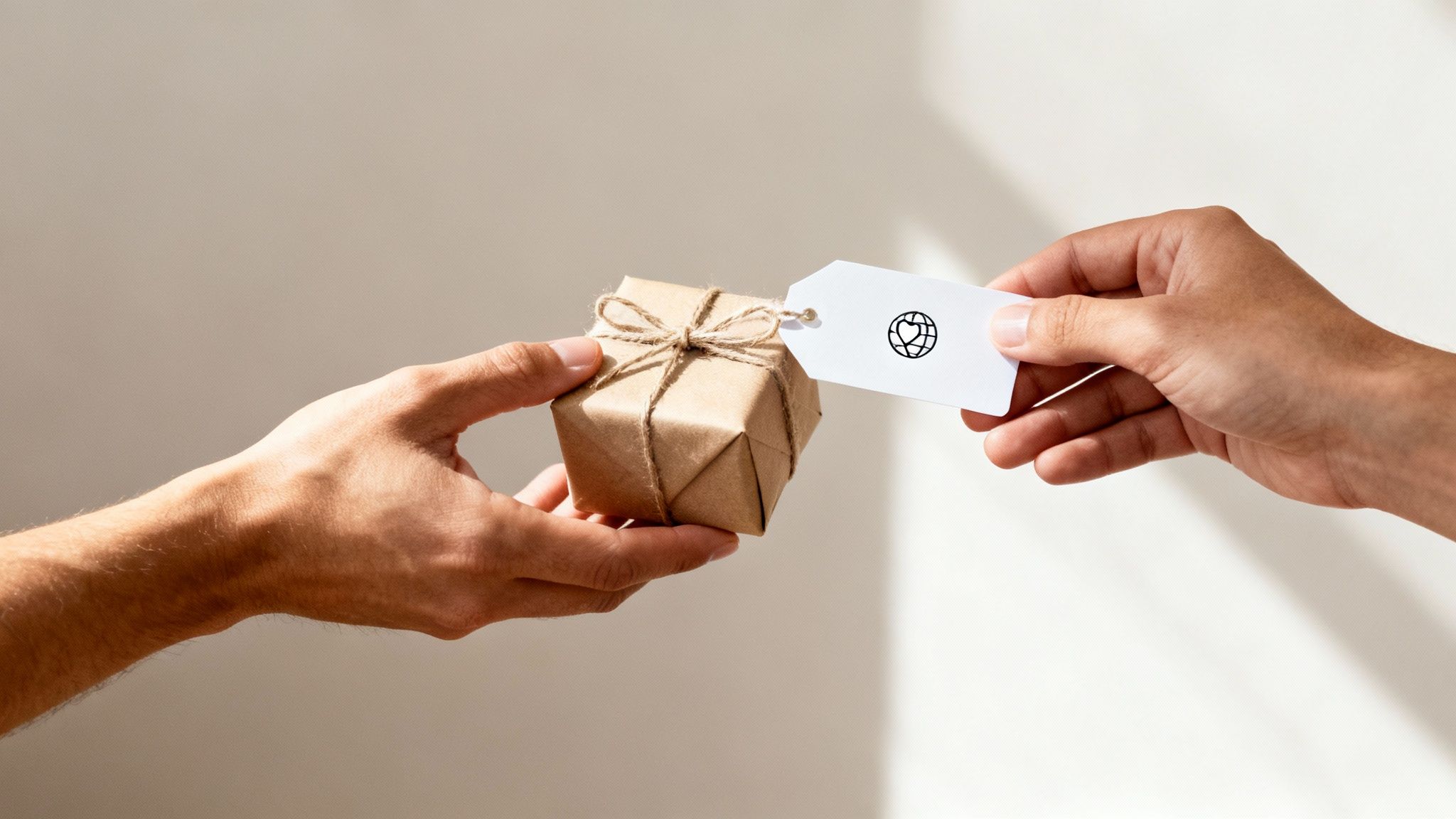 Two hands exchange a small, brown paper-wrapped gift with a tag showing a globe and heart.