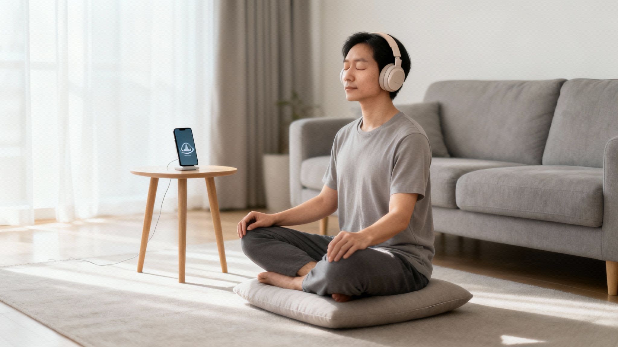 A young Asian man meditating with headphones on a cushion in a bright living room, using a meditation app.
