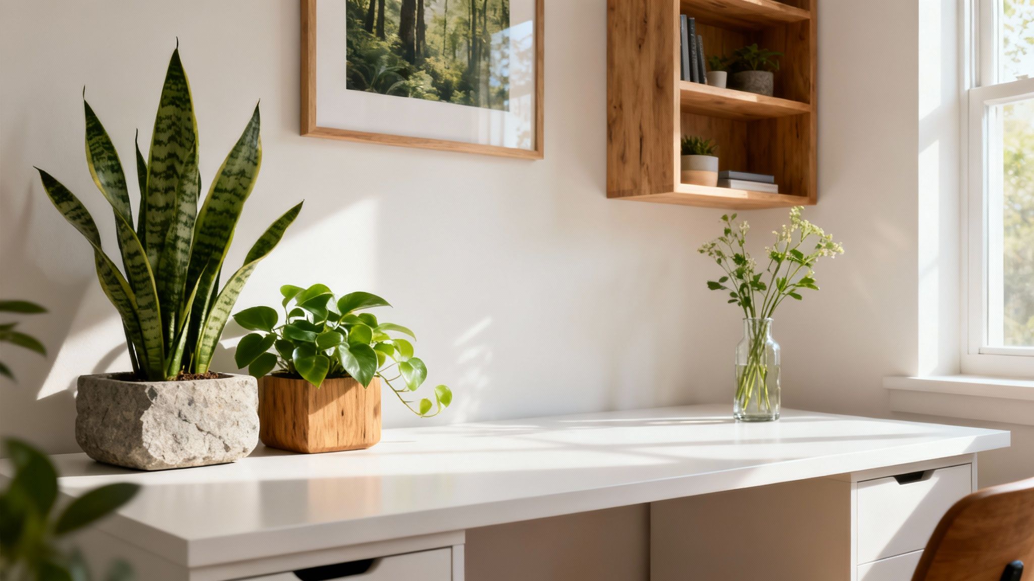 Bright and airy home office featuring a white desk with plants, a wooden shelf, and a framed forest print.
