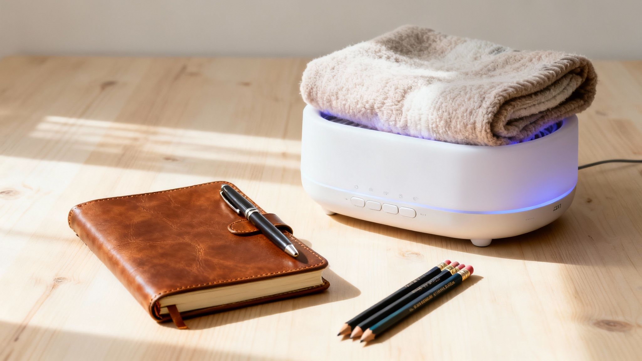 A cozy desk setup featuring a brown leather notebook, pen, pencils, and an aroma diffuser with a blanket.