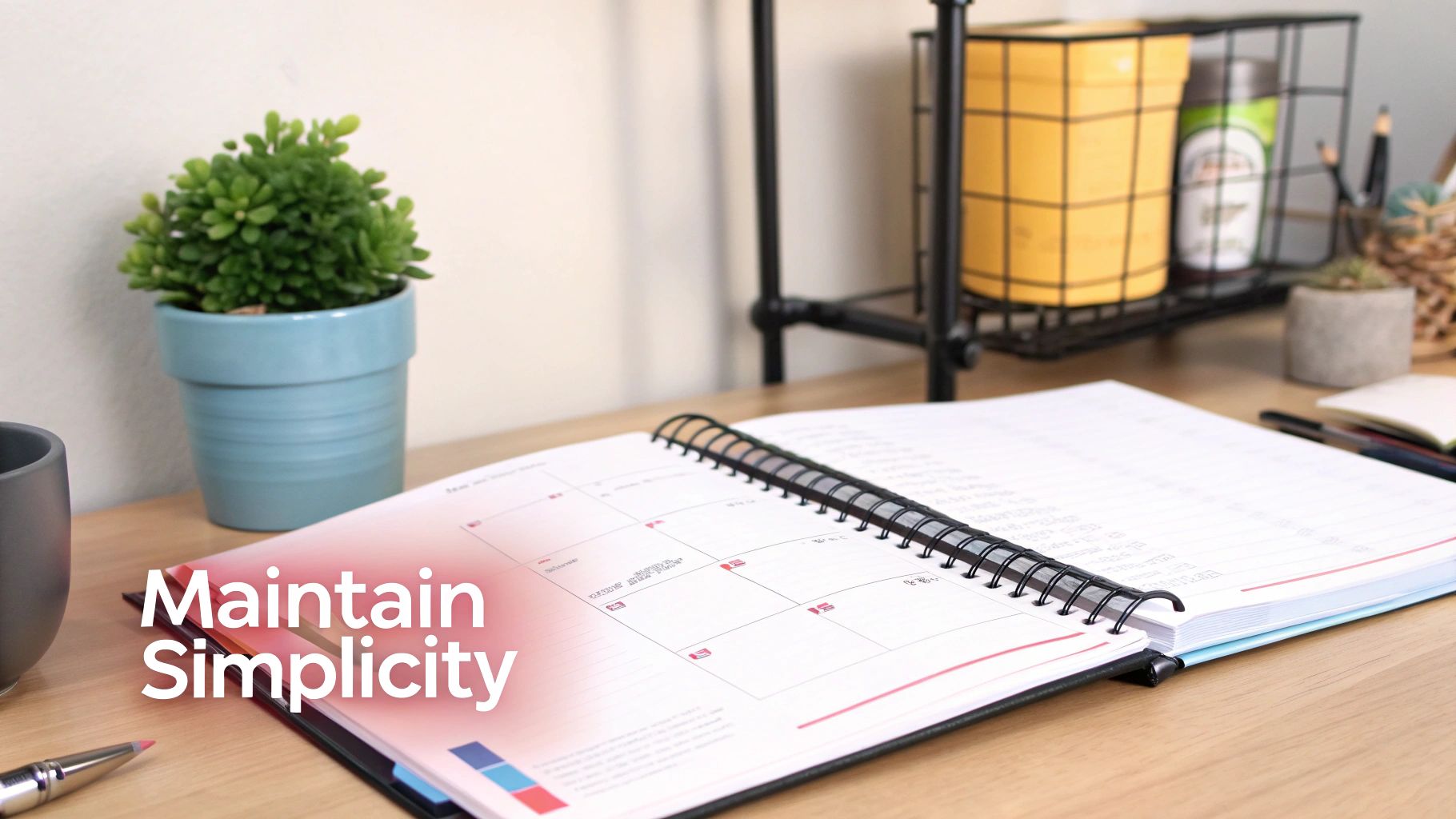 A person mindfully placing a plant on a clean, wooden shelf in a bright, minimalist room.