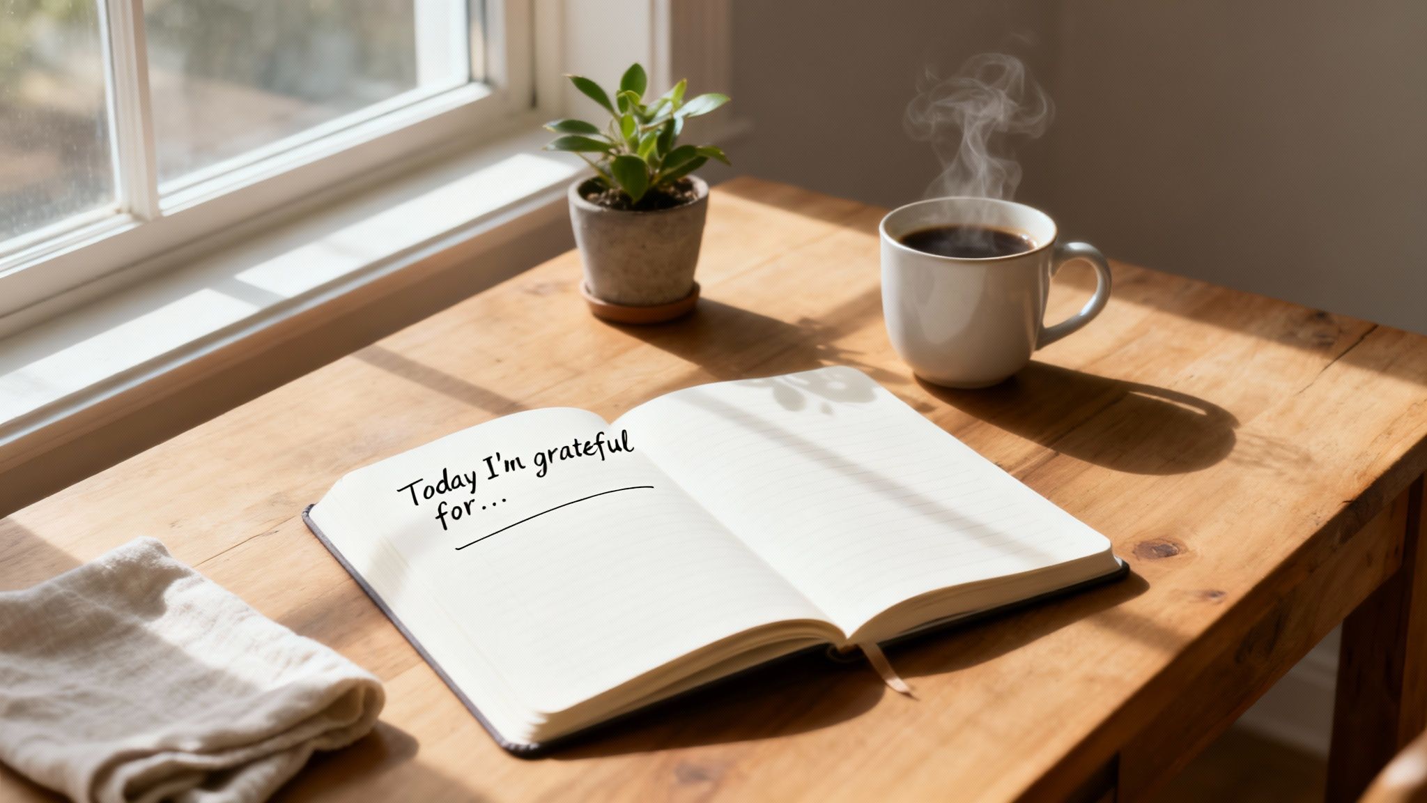 An open gratitude journal with a prompt, a steaming coffee cup, and a plant on a sunlit wooden table.