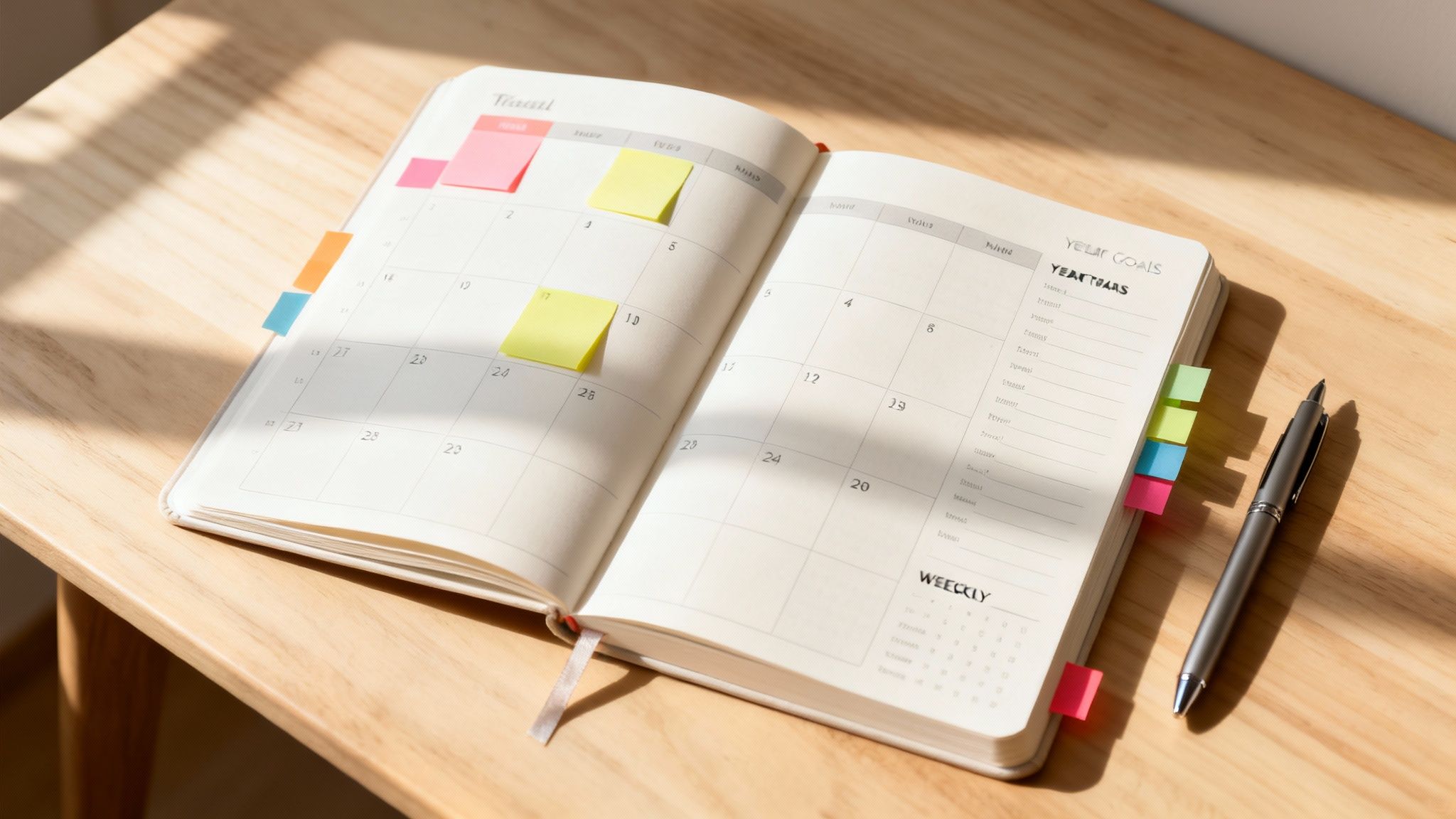 An open planner with colorful sticky notes and a pen on a wooden desk bathed in sunlight.