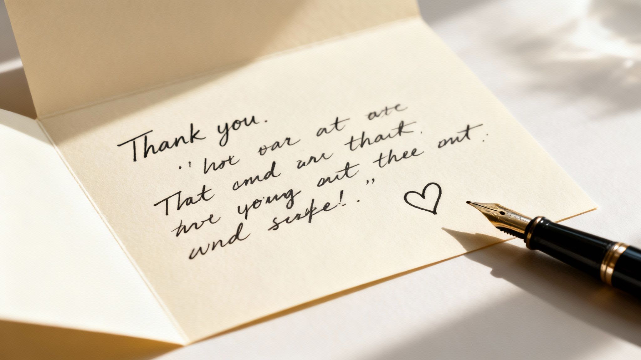 An open thank you card with handwritten message and a heart drawing, next to an elegant fountain pen.