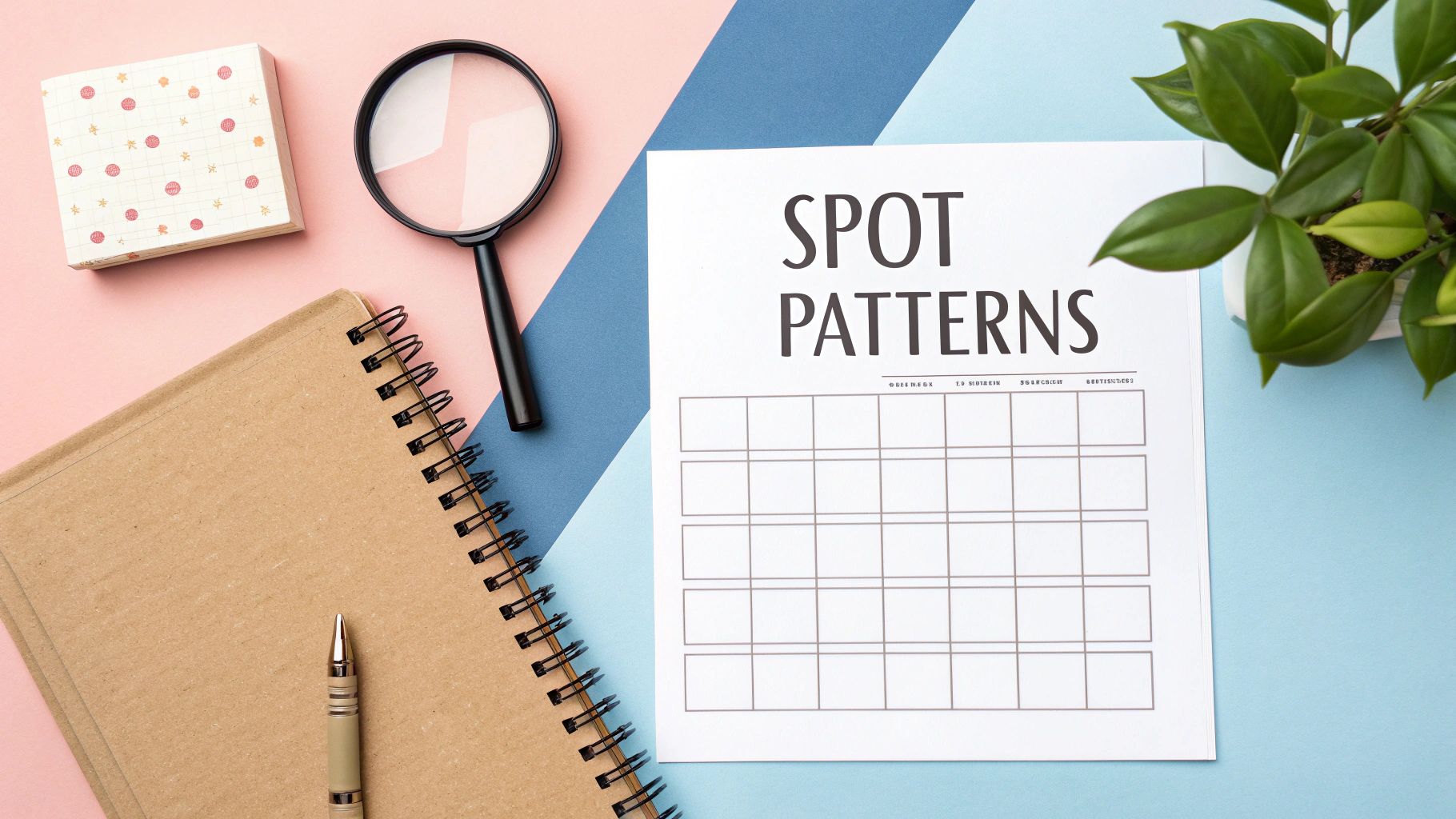 A person reviewing their daily habit tracker printable with a magnifying glass, symbolizing data analysis and growth.