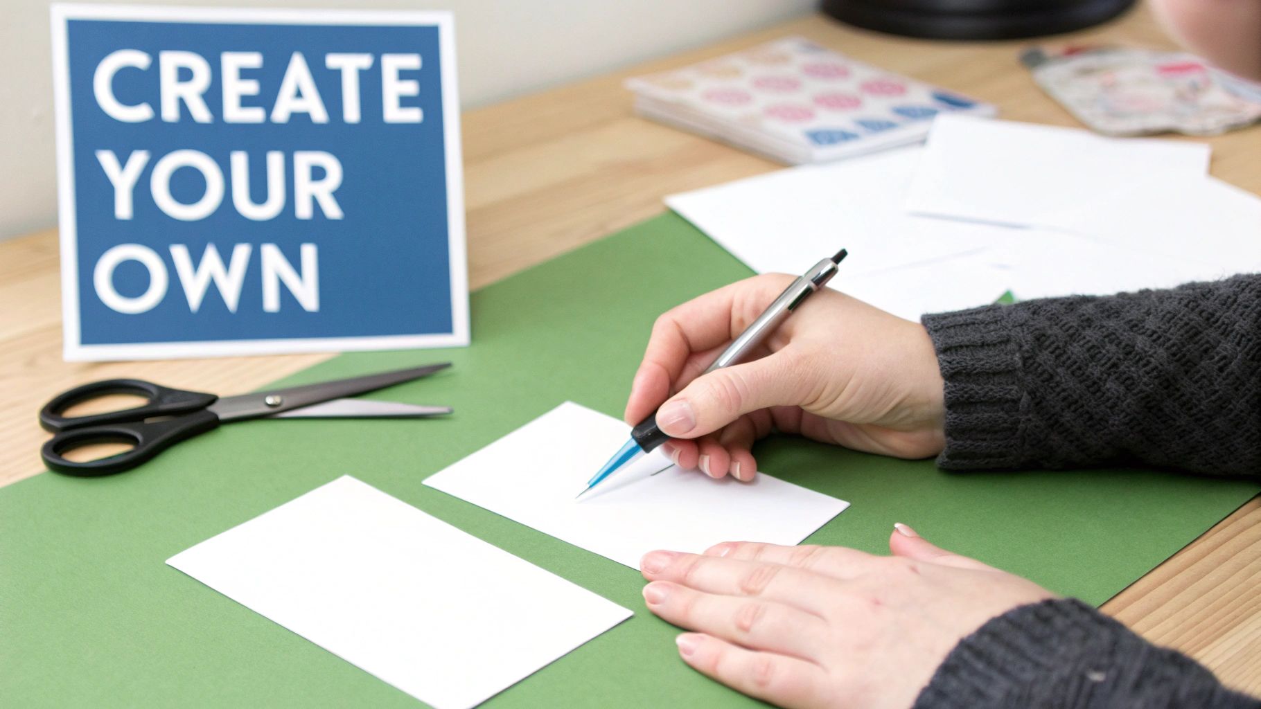 A person writing on a blank card with art supplies nearby, creating personalized affirmation cards.