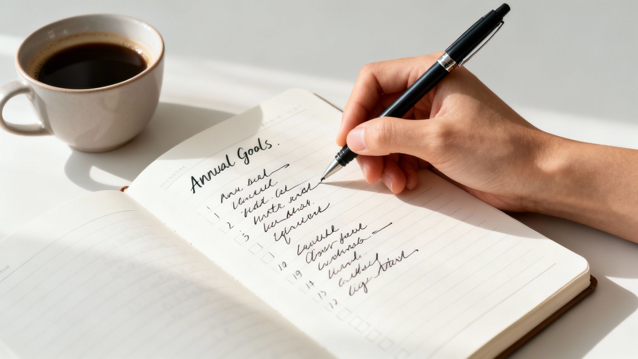 Hand writing annual goals in a notebook next to a coffee cup, planning for the future.