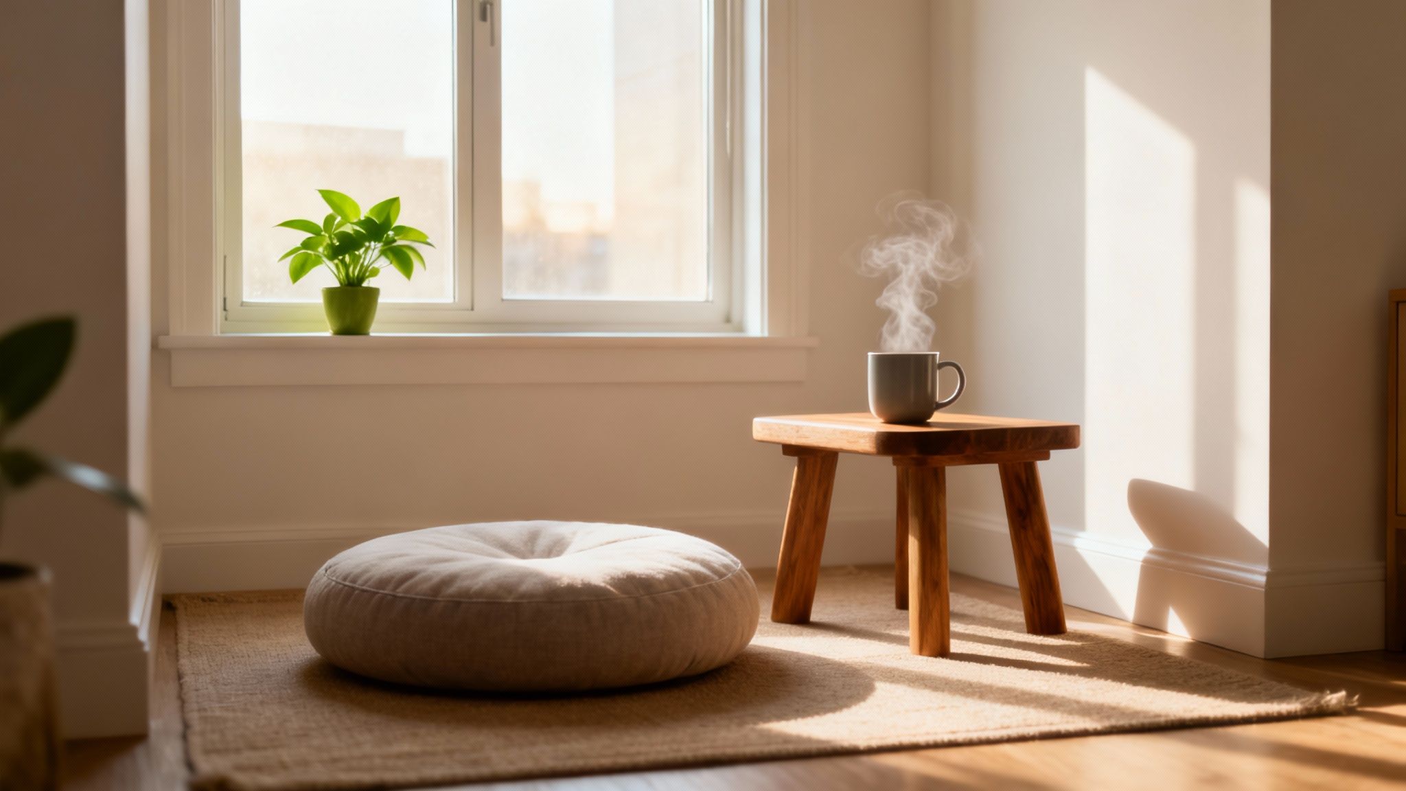 A peaceful room corner with a meditation cushion, wooden stool, and a steaming cup.