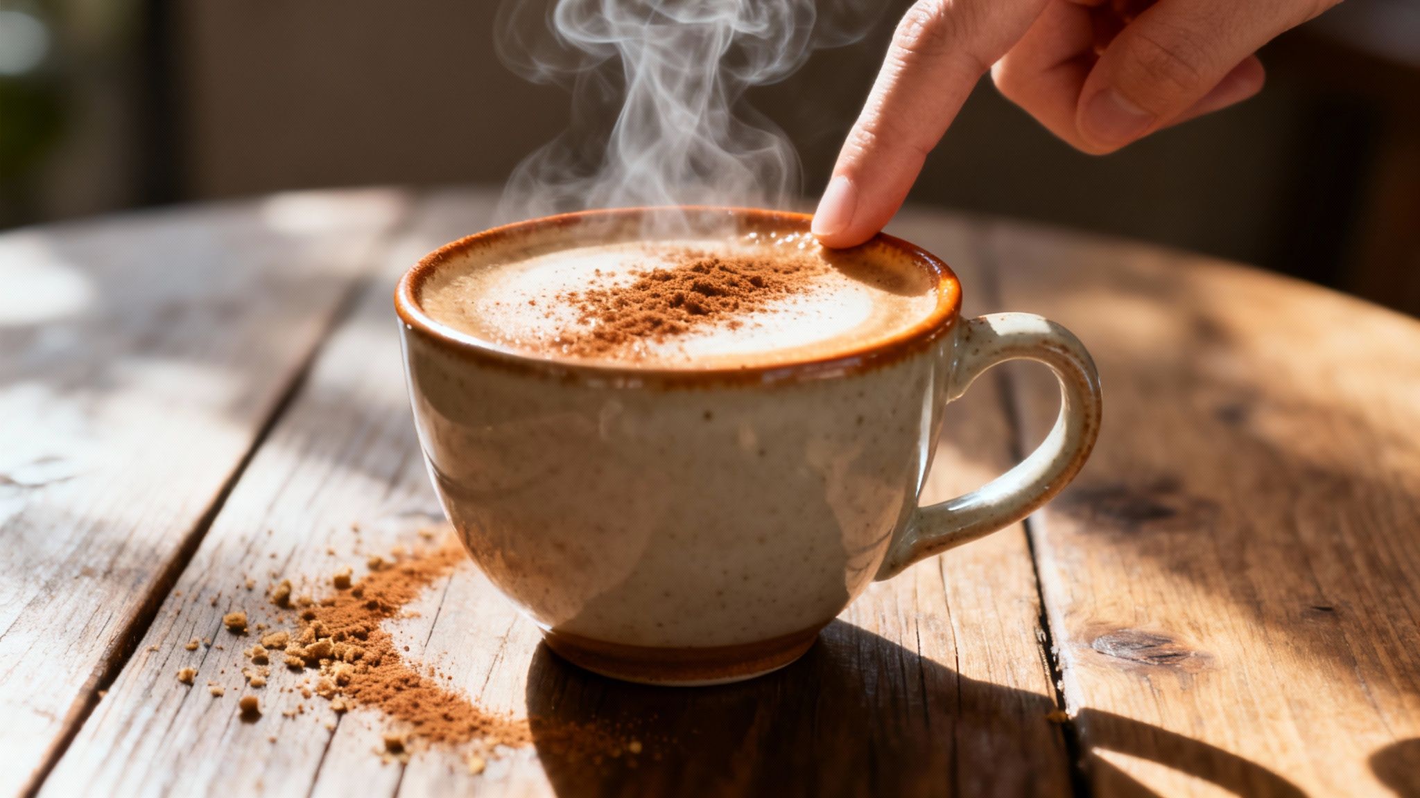 A hand gently touches the rim of a steaming cup of coffee with cinnamon on a wooden table.