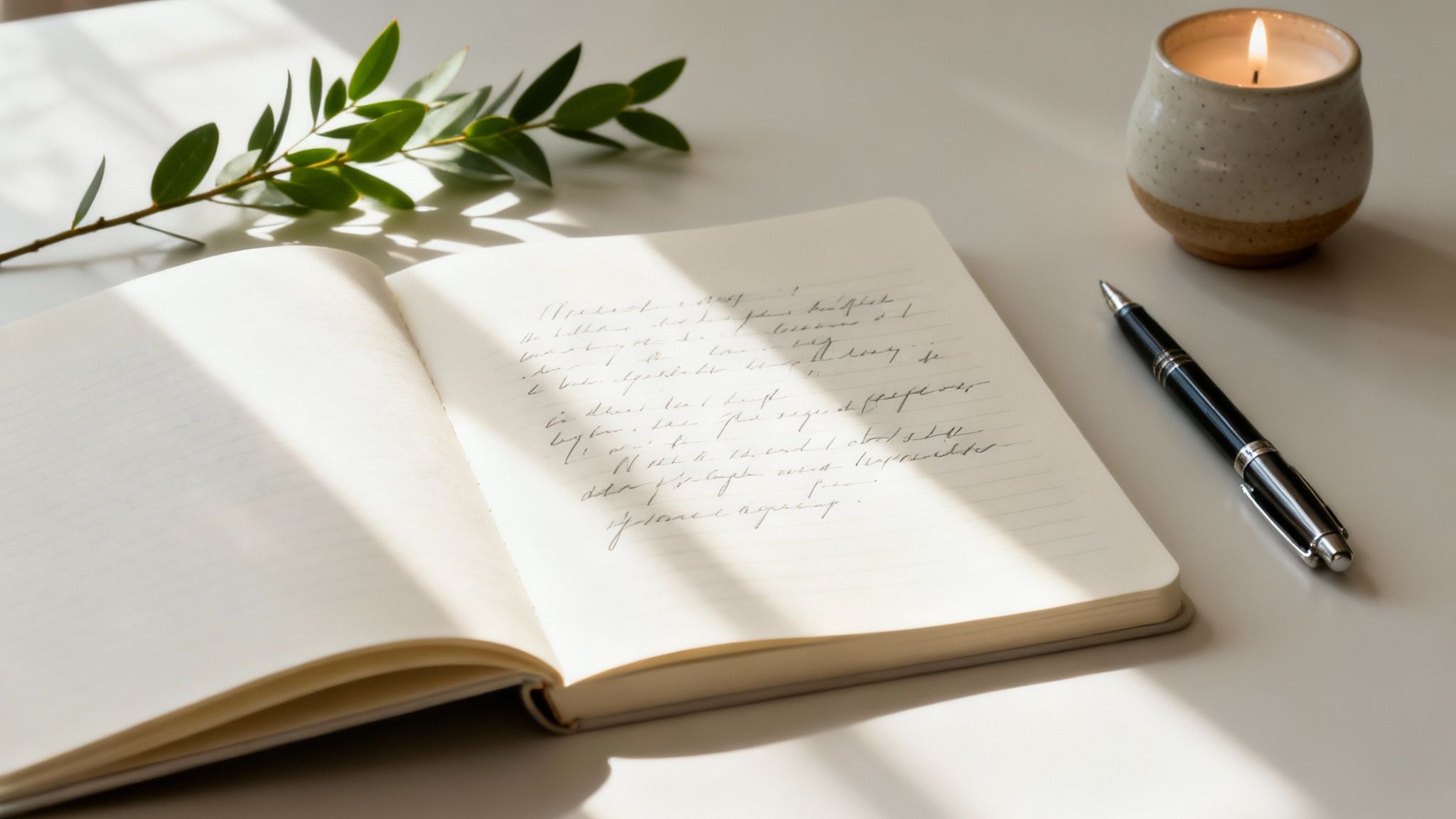 An open journal with handwritten notes, a pen, a lit candle, and a green sprig on a white table.