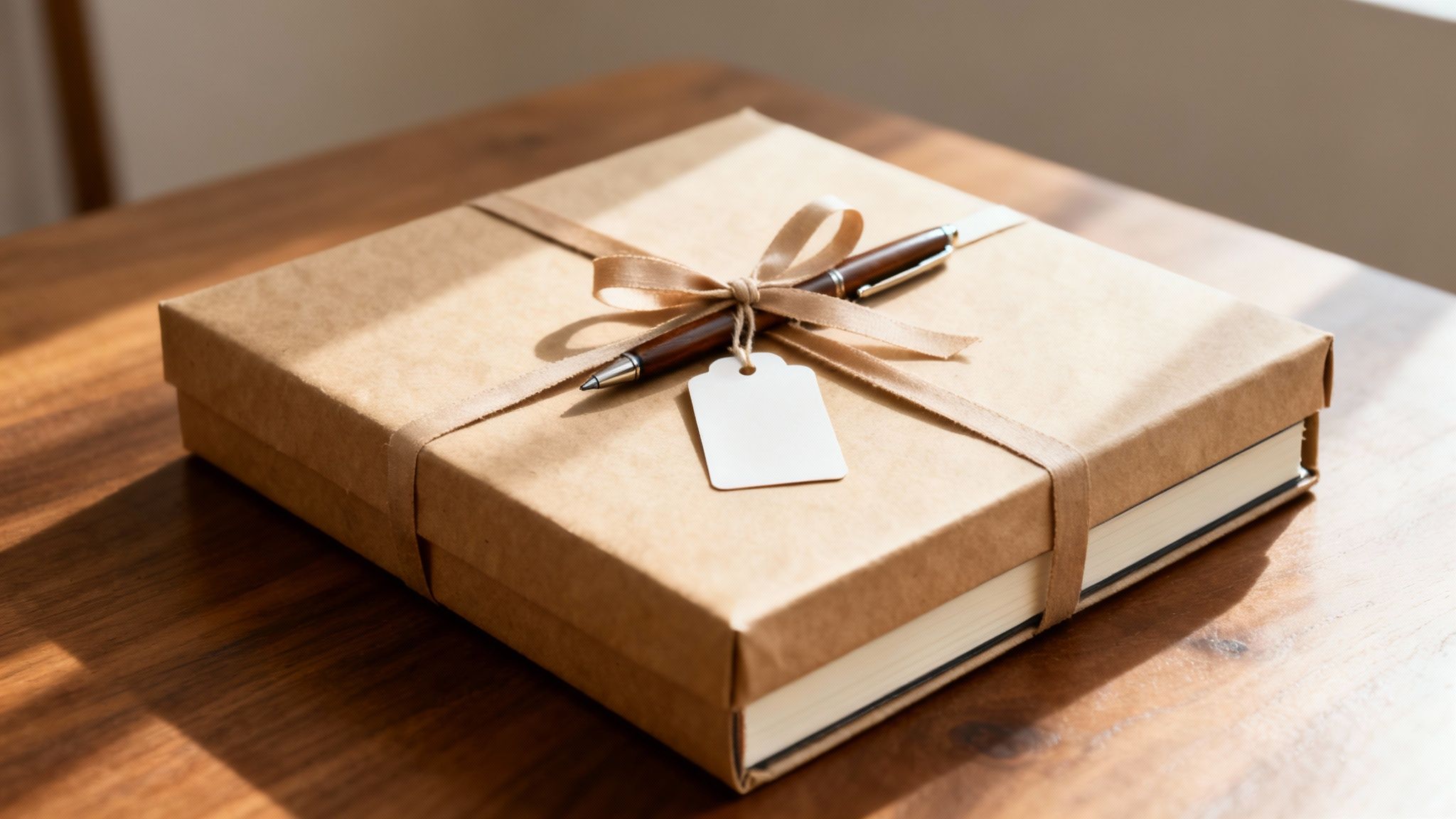 A neatly gift-wrapped brown box with a ribbon, a pen, and a blank gift tag.