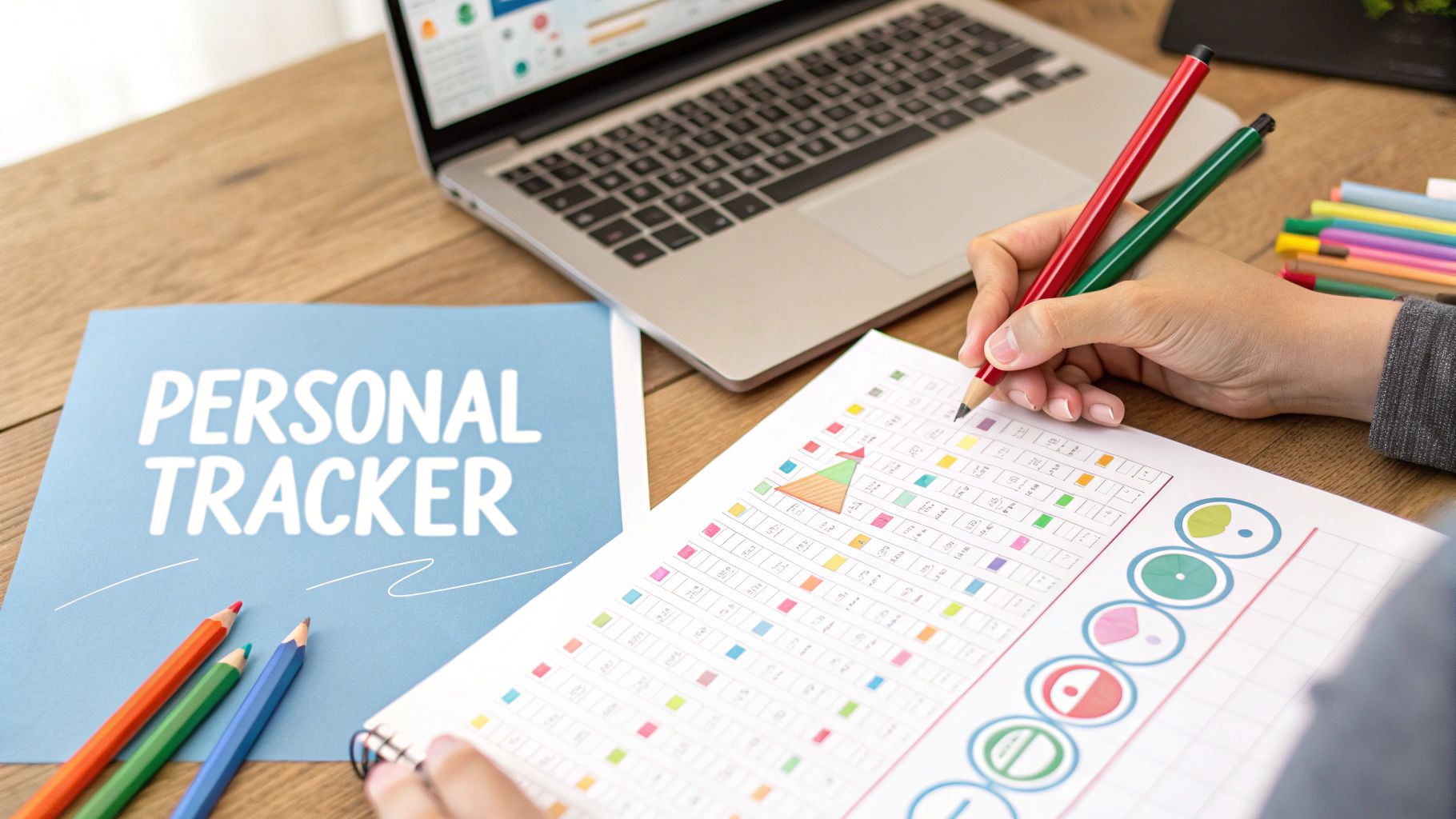 A vibrant and customized daily habit tracker printable filled with colorful pens and checkmarks.