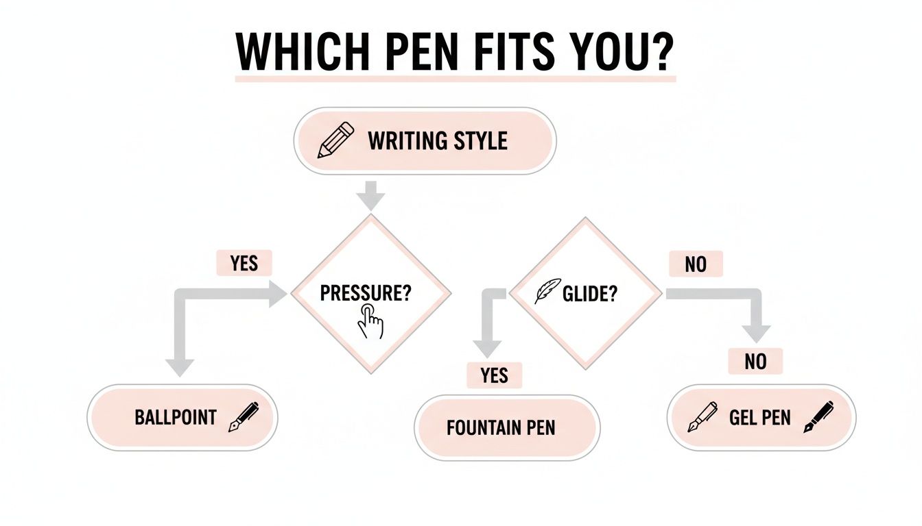 A flowchart guiding users to choose a pen: Ballpoint for pressure, Fountain Pen for glide, Gel Pen otherwise.