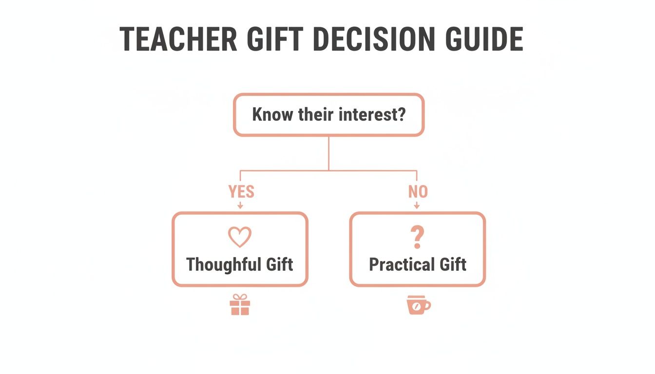 A flowchart guiding teacher gift decisions: thoughtful gift if interests are known, practical gift if not.