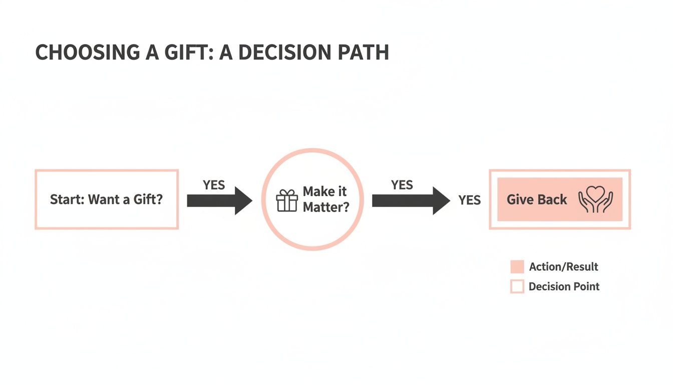 Flowchart showing a decision path for choosing gifts: Want a gift? Yes -> Make it matter? Yes -> Give Back.