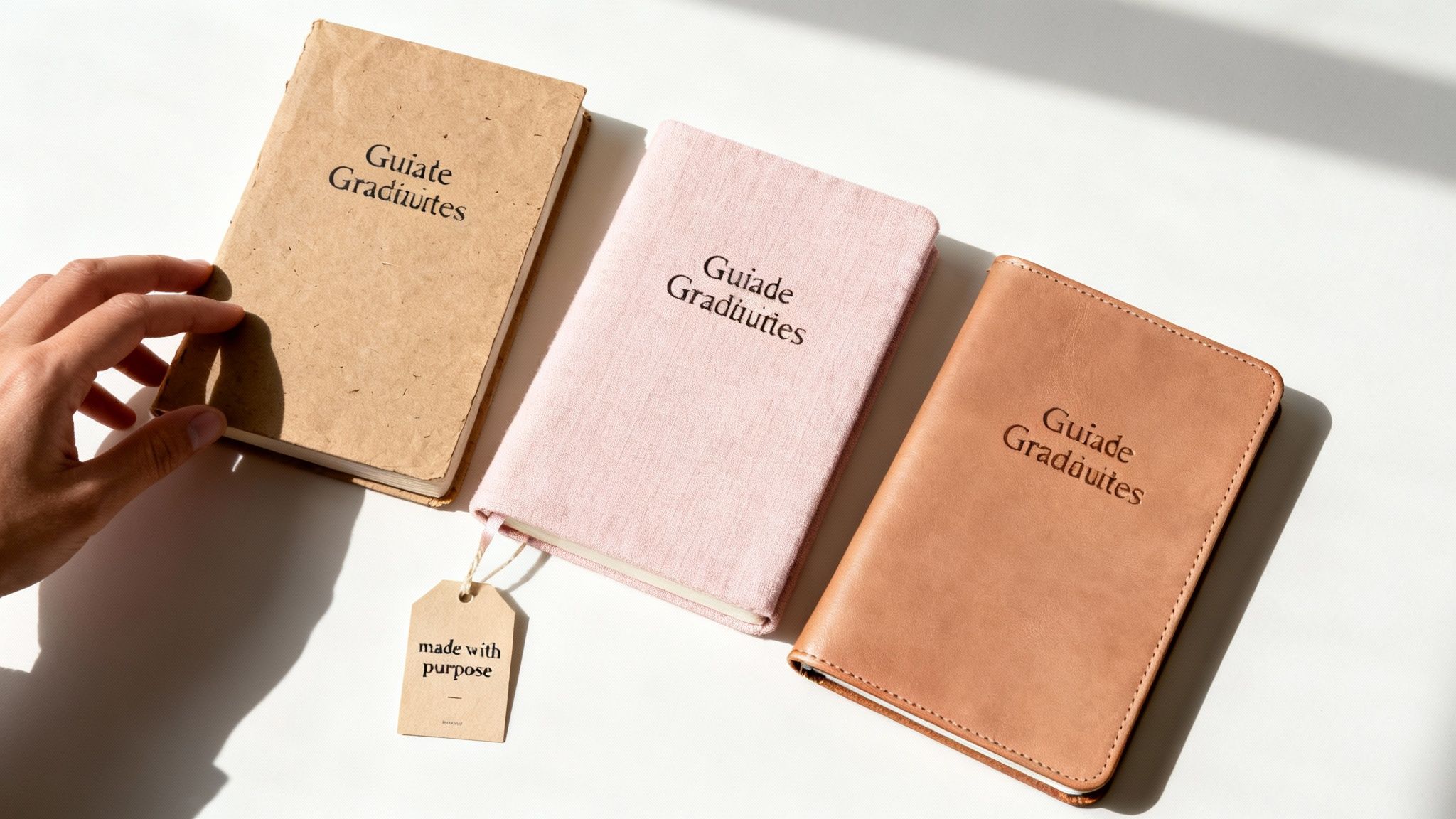 A hand reaches for one of three textured guided gratitude journals in earth tones.