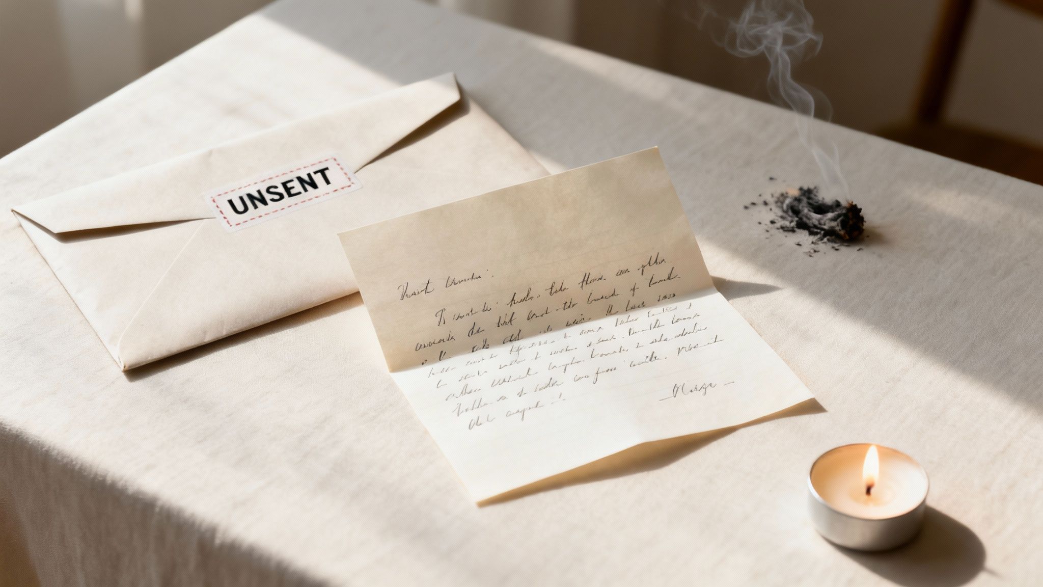 A heartfelt unsent letter, with a burning note and a lit candle on a table.