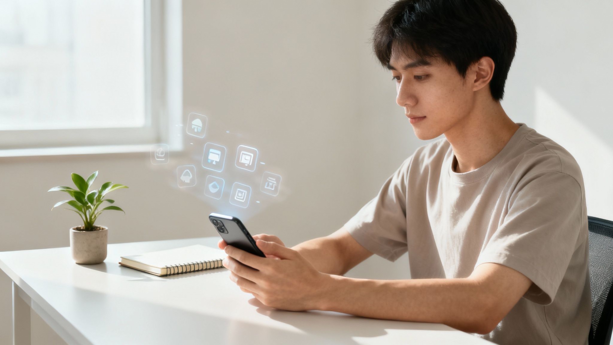 Young Asian man using smartphone with floating digital app icons in minimalist workspace