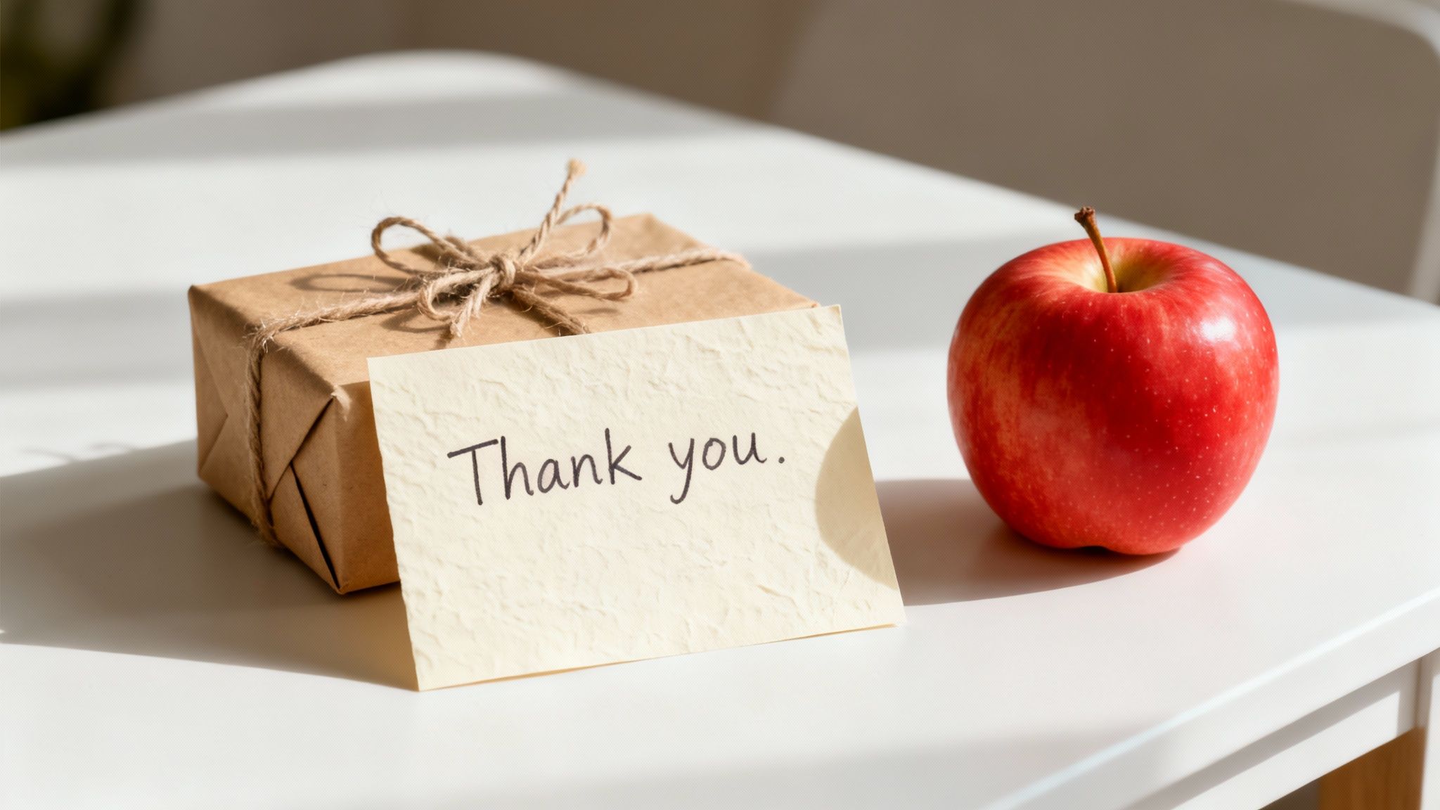 A neatly wrapped brown gift box, a thank you card, and a red apple on a white table.