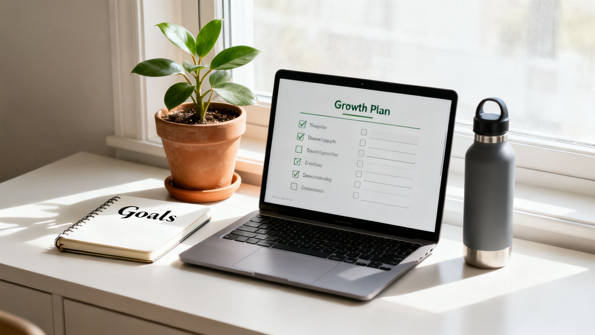 A bright desk with a laptop displaying a growth plan, a 'Goals' notebook, a plant, and a water bottle.