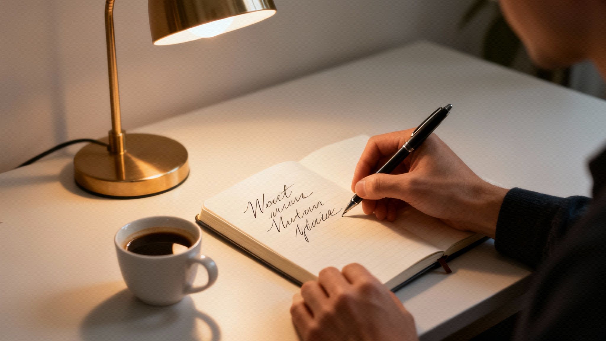 Person writing in a journal with a pen, desk lamp and coffee cup on a white table.