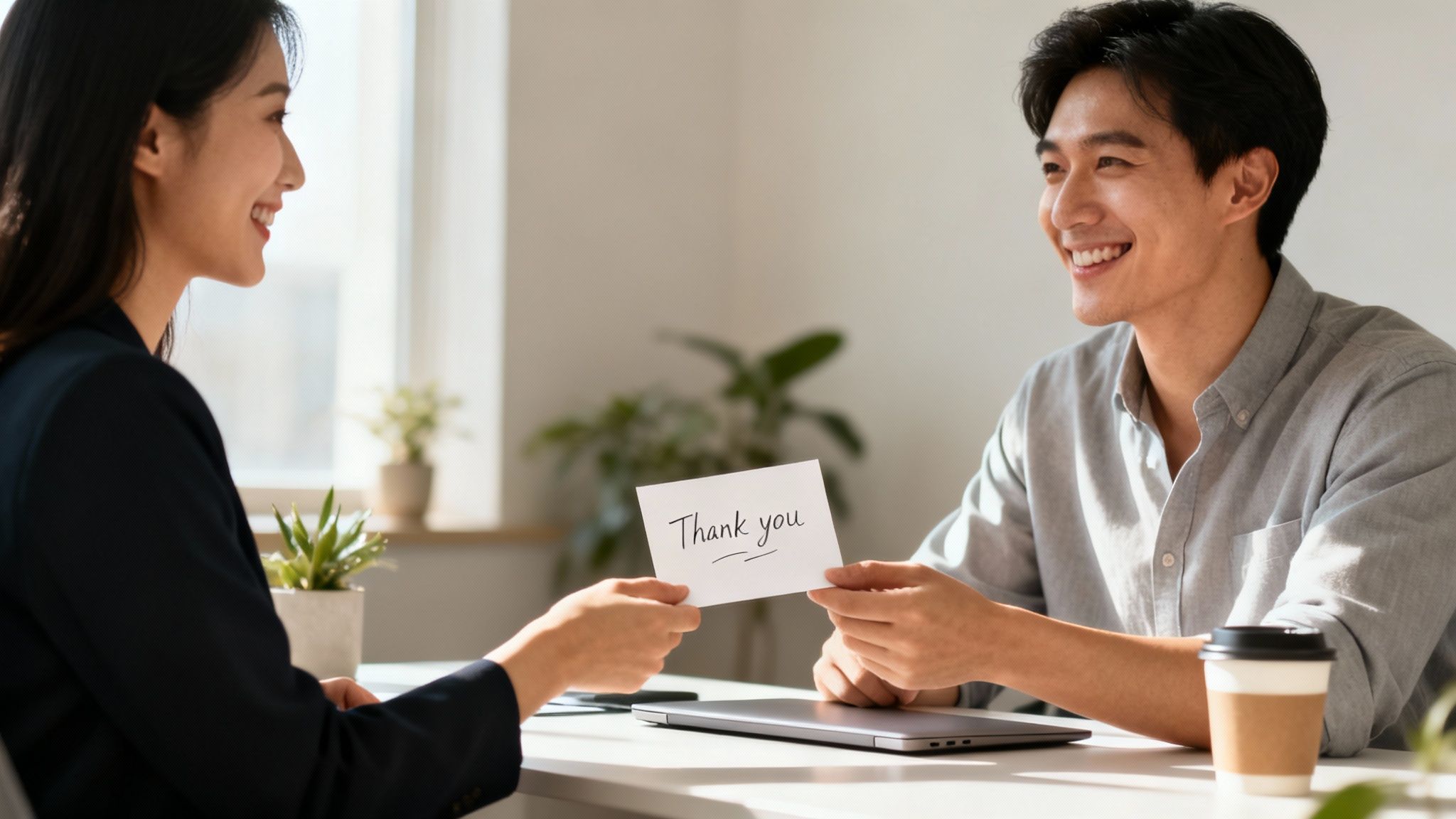 A smiling woman hands a 'Thank you' card to a happy man across a desk in a bright office.