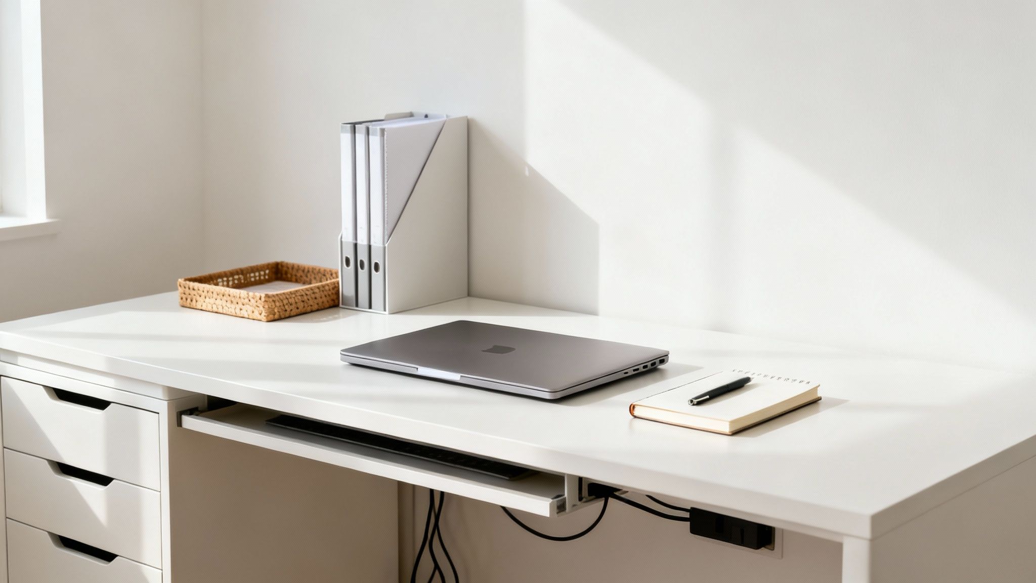 Modern white office desk with a laptop, files, and a woven tray in natural light.