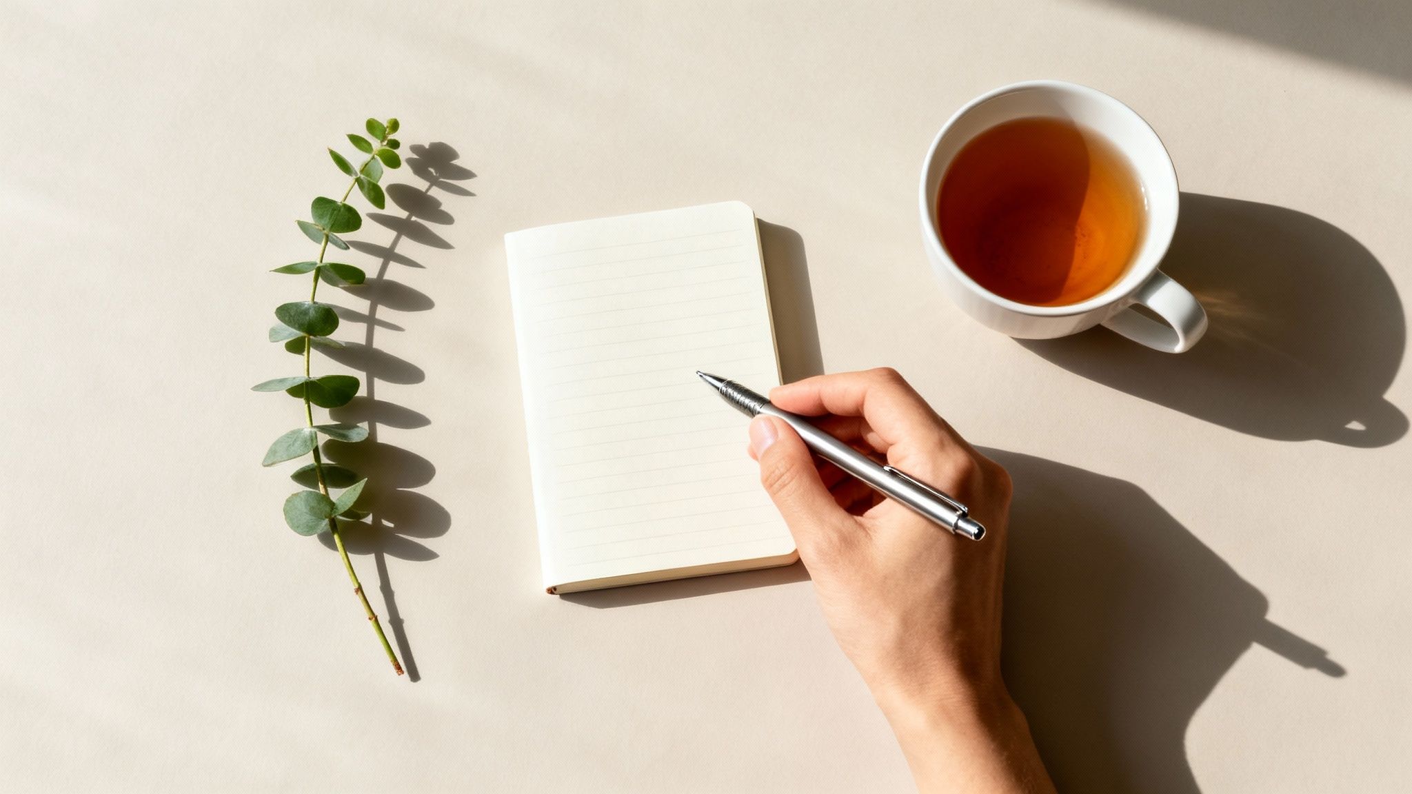 A hand writes in a lined notebook next to a cup of tea and a green eucalyptus branch.