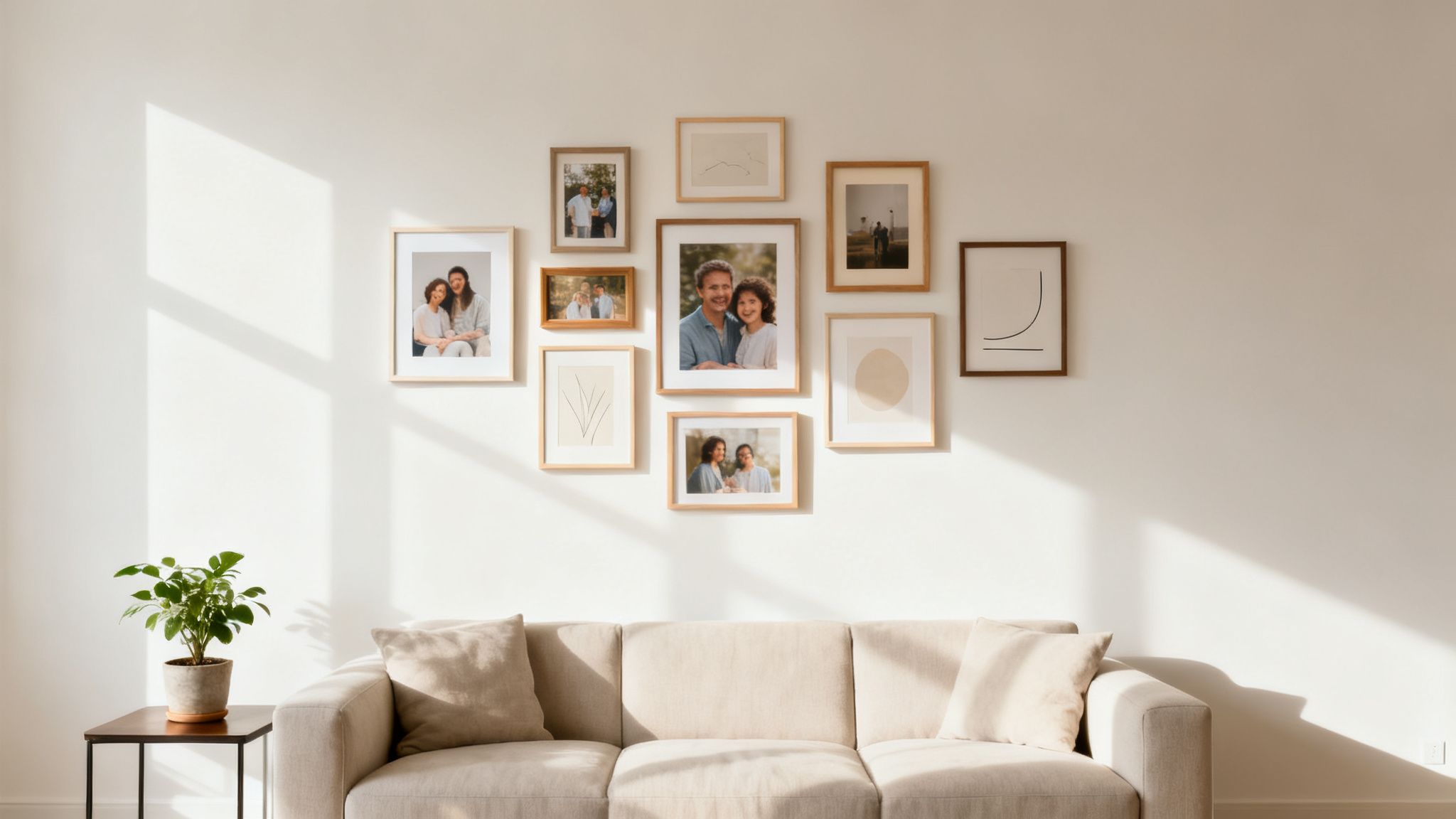 A cozy living room with a beige sofa, plant, and a large gallery wall of framed family photos and art.