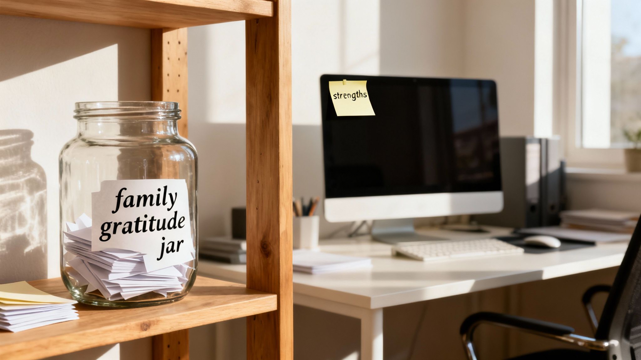 A 'family gratitude jar' filled with notes sits on a wooden shelf next to a computer monitor with a 'strengths' sticky note, symbolizing positive reflection.