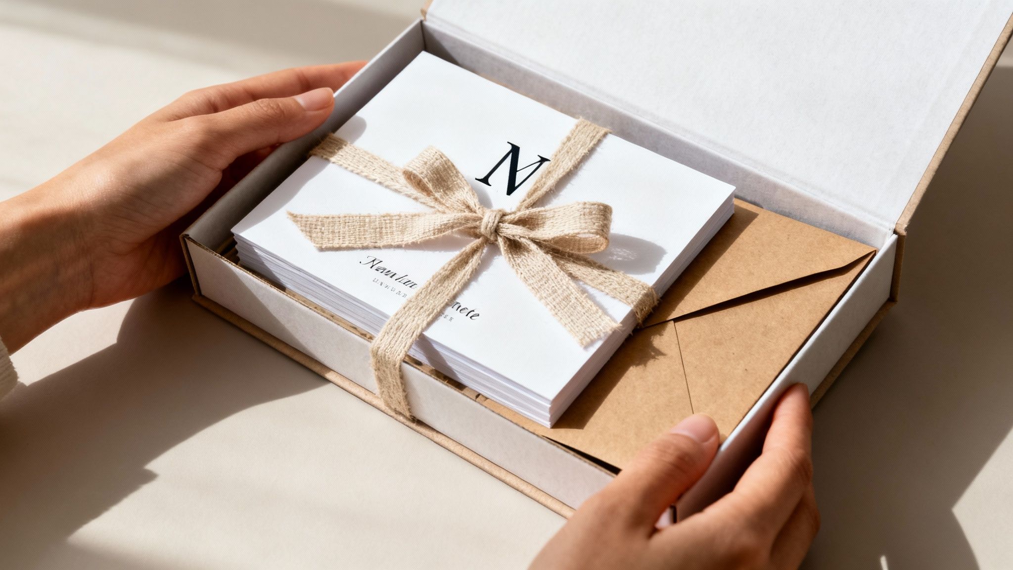 Hands opening a white box revealing personalized note cards with an 'N' initial and kraft envelopes.