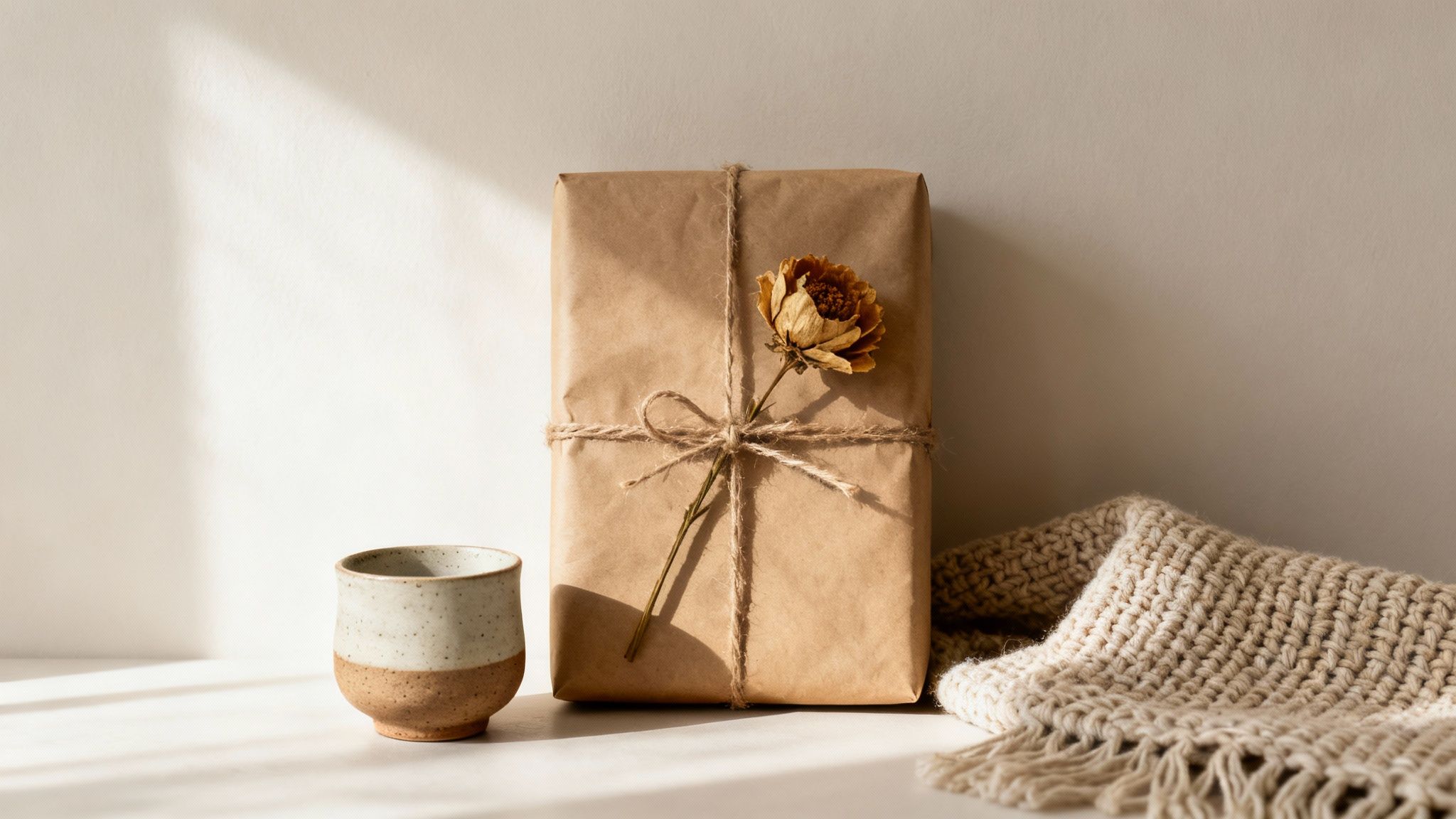 A rustic gift wrapped in brown paper with a dried flower, a ceramic cup, and a cozy knitted blanket.