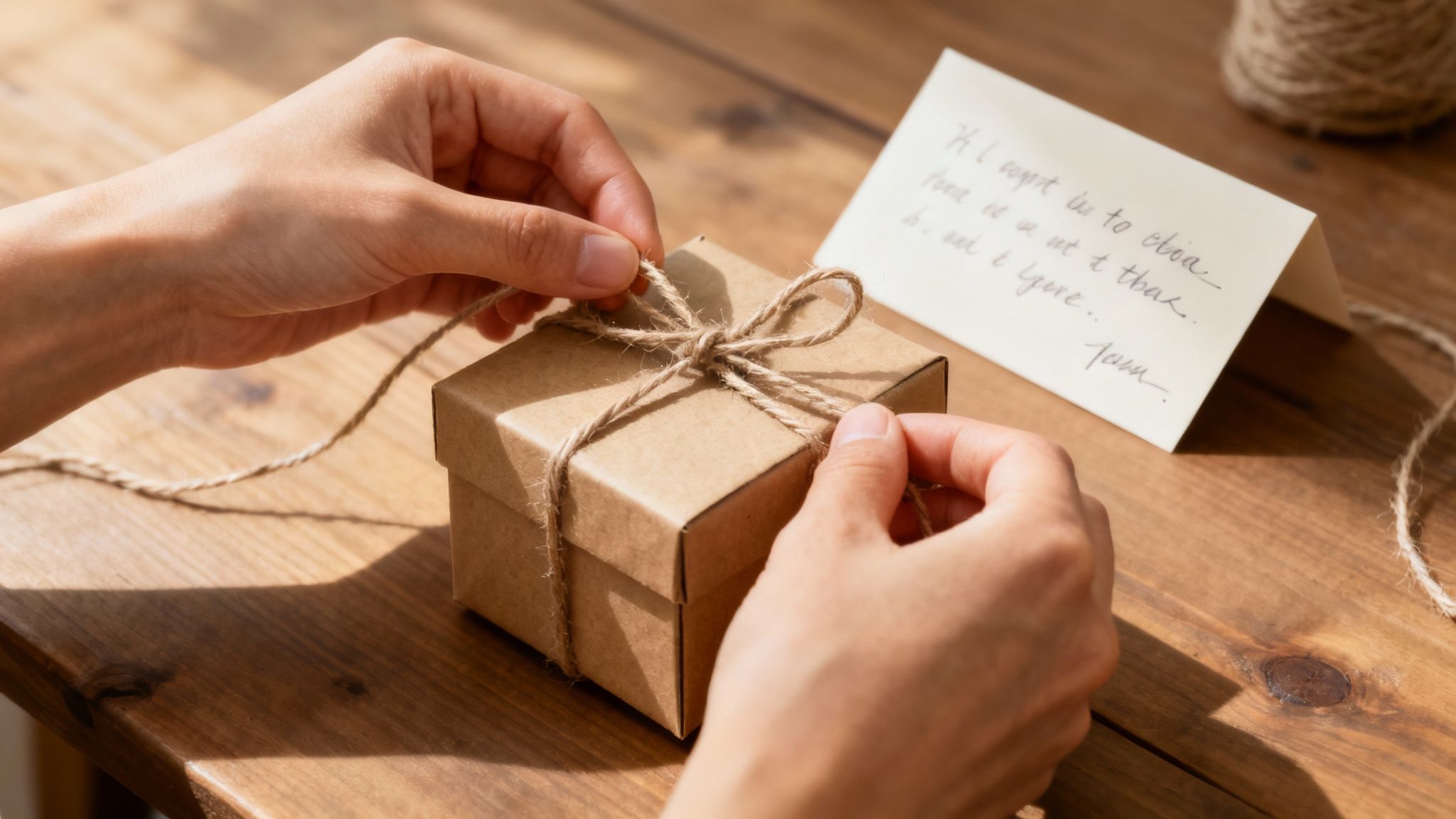 Hands tying twine bow on kraft paper gift box with handwritten thank you note