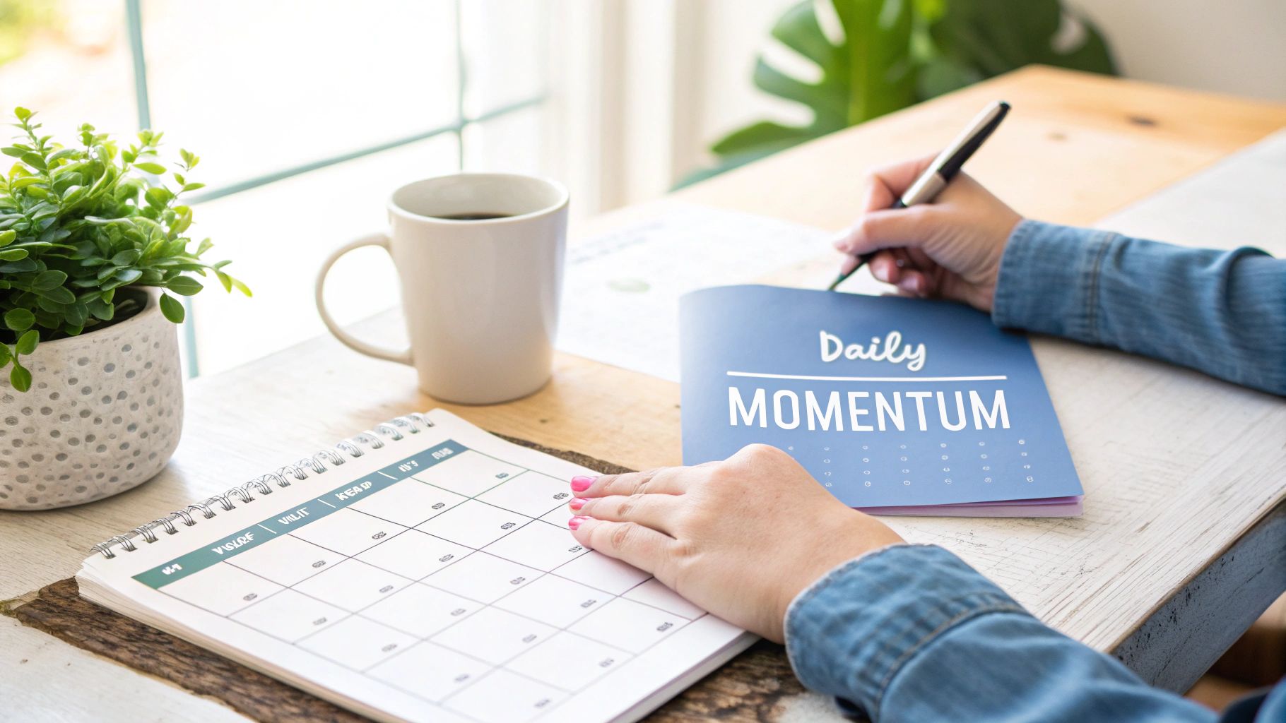 A person writing in a daily habit tracker printable on a wooden desk with a cup of coffee nearby.