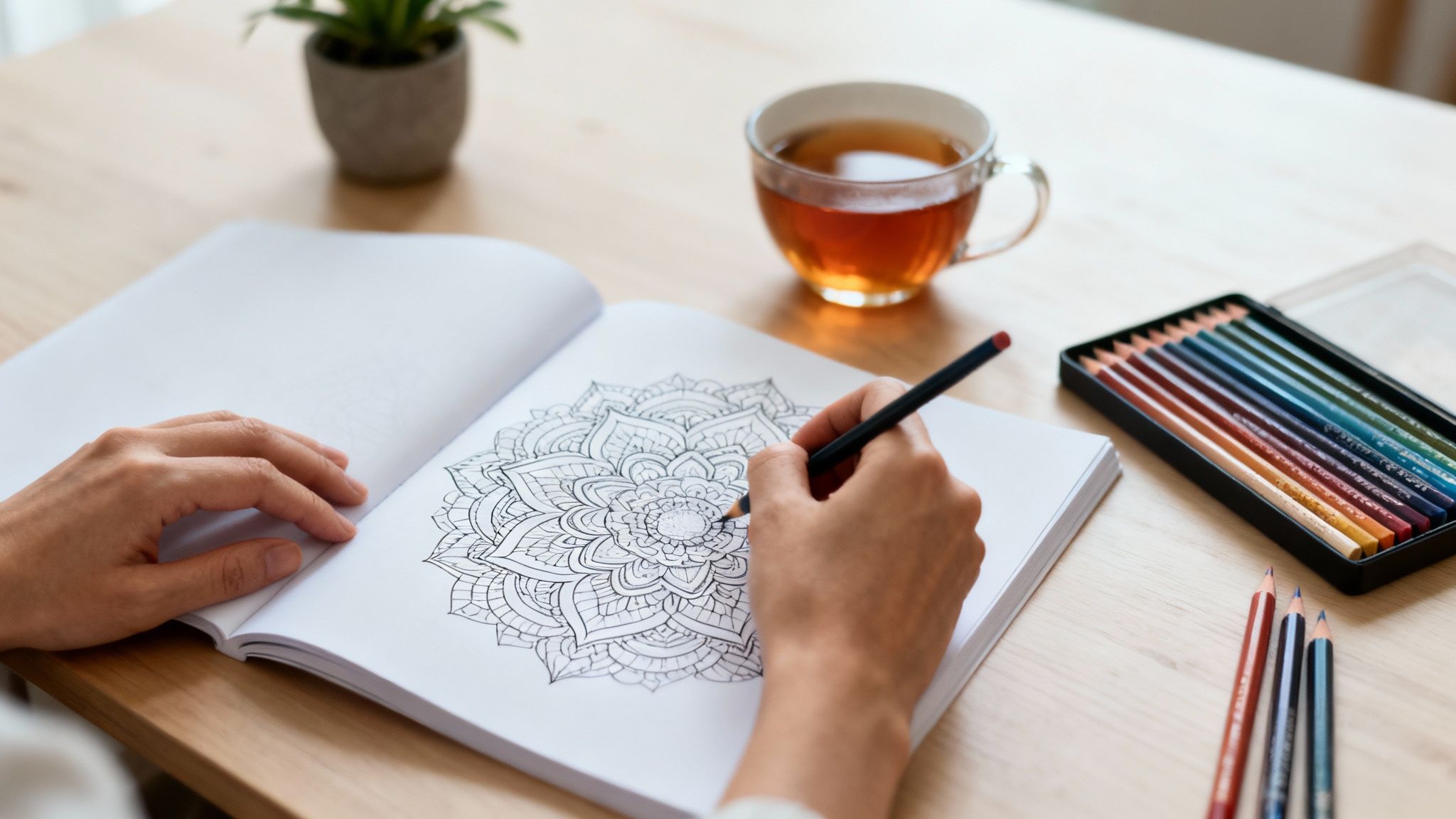 A person's hands coloring a detailed mandala design in an adult coloring book, with tea and pencils nearby.