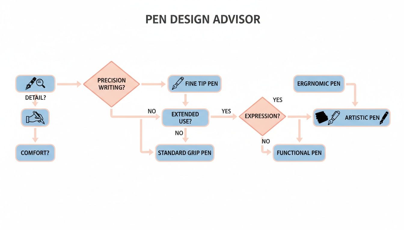 A pen design advisor flowchart guiding users to choose a pen type based on writing needs and preferences.