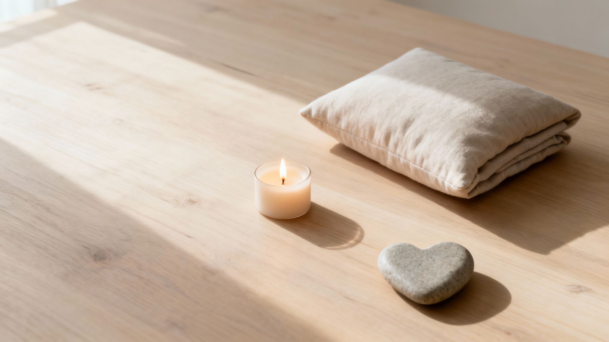 A serene scene with a lit candle, folded beige cushion, and heart-shaped stone on a wooden table.