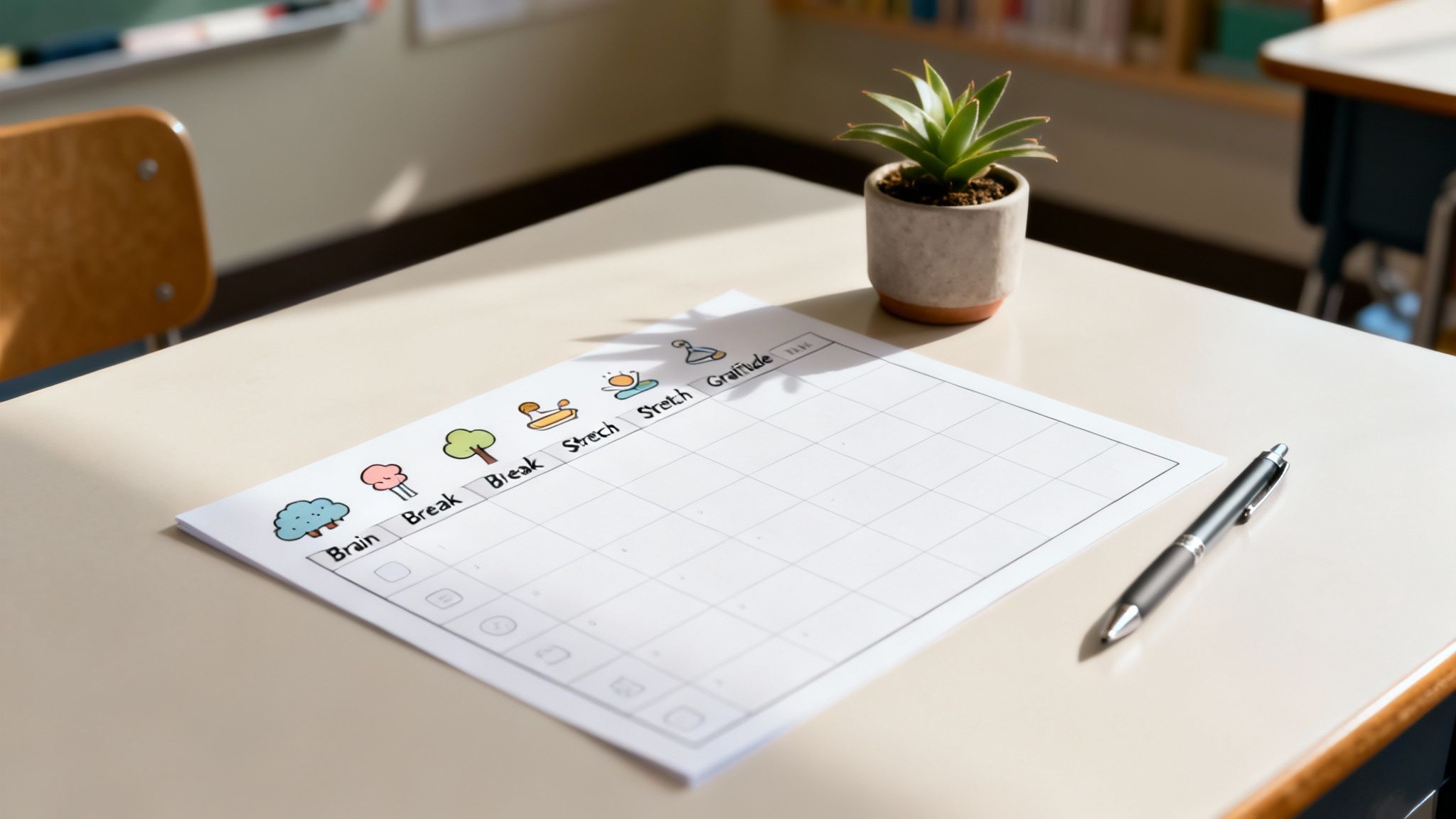 A printed lesson planning template on a school desk, with a pen and a small plant, in a bright classroom setting.
