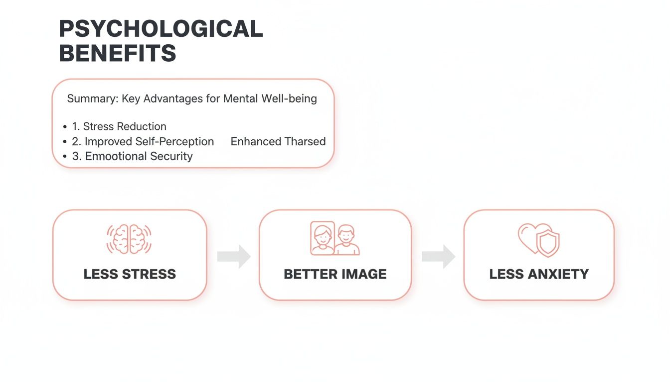 Infographic illustrating psychological benefits: reduced stress, improved self-perception, leading to less anxiety and a better self-image.