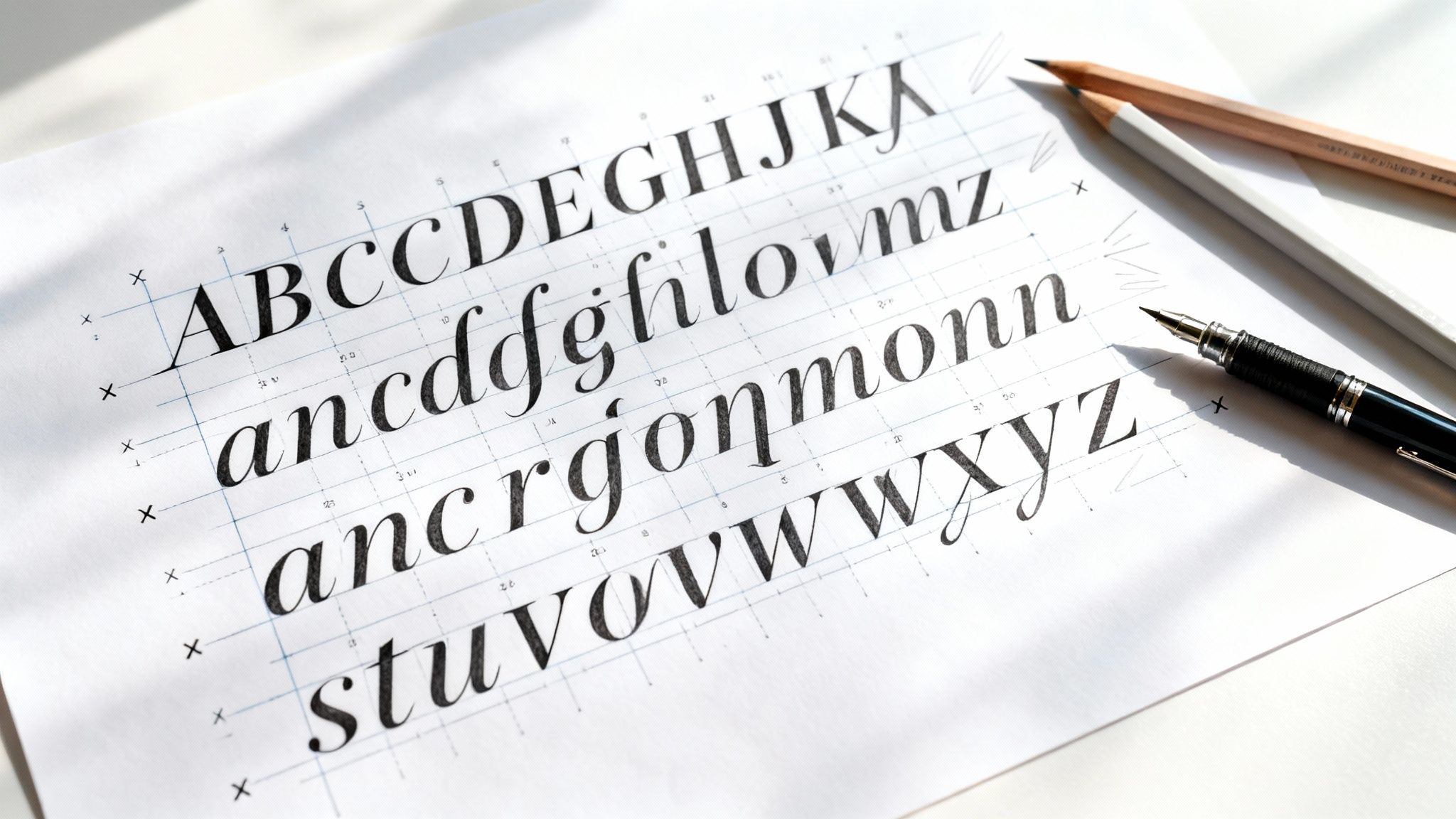 A calligrapher's desk with a paper showing elegant handwritten alphabet letters and writing tools.