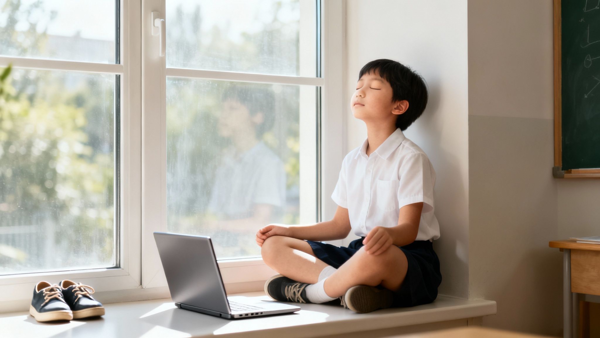 A young Asian schoolboy meditates on a sunlit classroom windowsill with a laptop.
